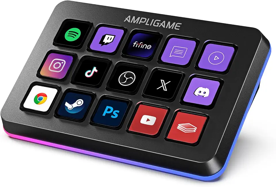 AmpliGame Controlador Fifine Stream com 15 teclas macro, deck de streaming com ações de gatilho no software de aplicativos OBS/Twitch/YouTube/Streamlabs, teclado de botões de atalho funciona com Mac e