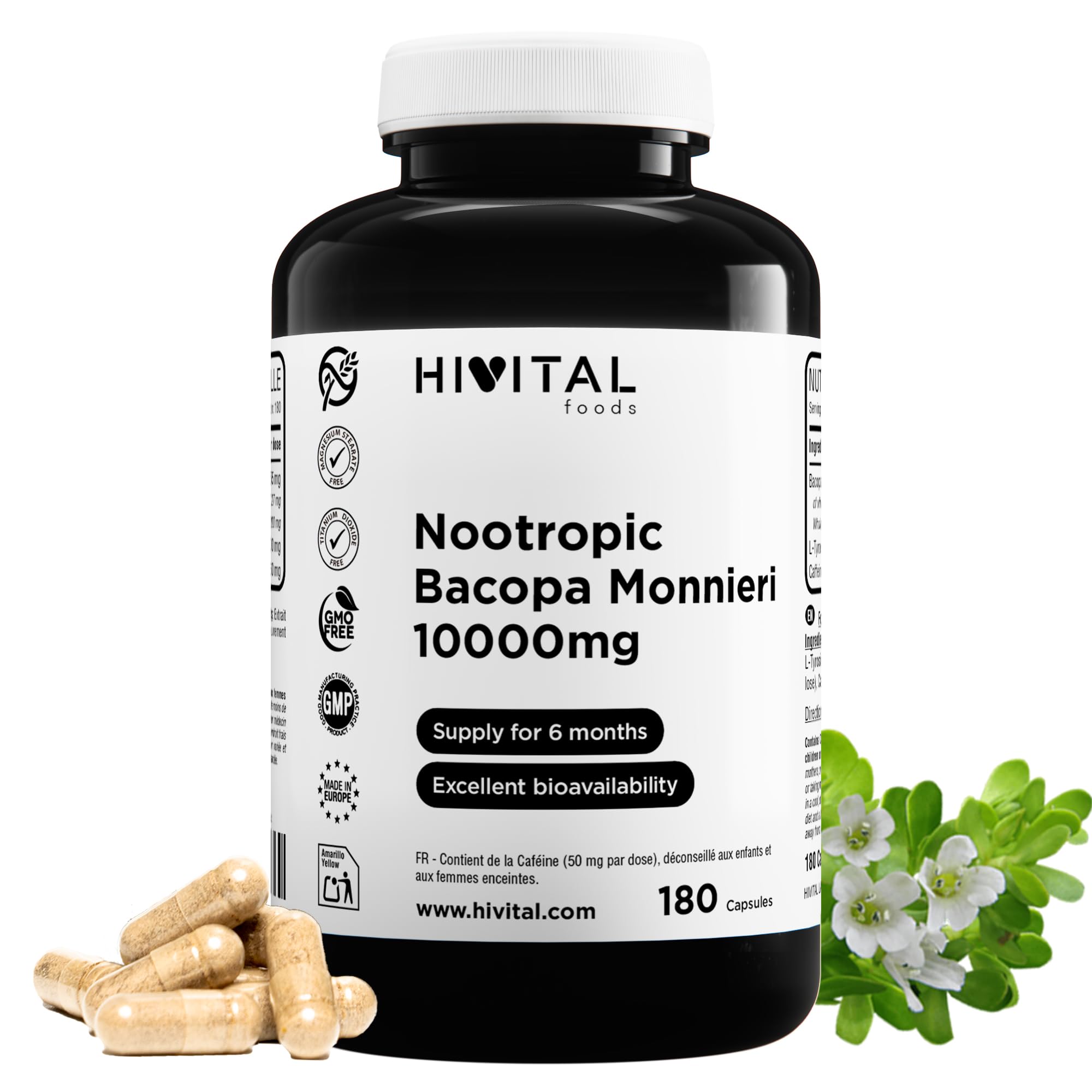 Nootropique Bacopa Monnieri 10000 mg. 180 gélules pour 6 mois de traitement. Nootropique naturel avec L-Tyrosine et Caféine. Fabriqué en Europe par HIVITAL