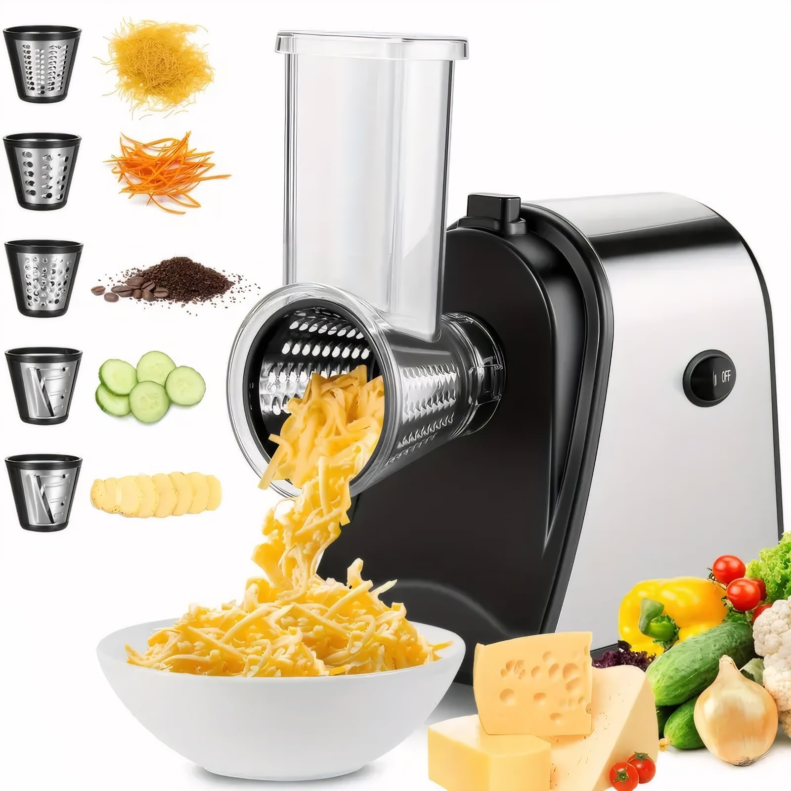 Nictemaw Cortador de Verduras Eléctrico 250W - Acero Inox | Rallador de cocina 5 en 1 para queso, patatas y verduras. Sin BPA y apto para lavavajillas