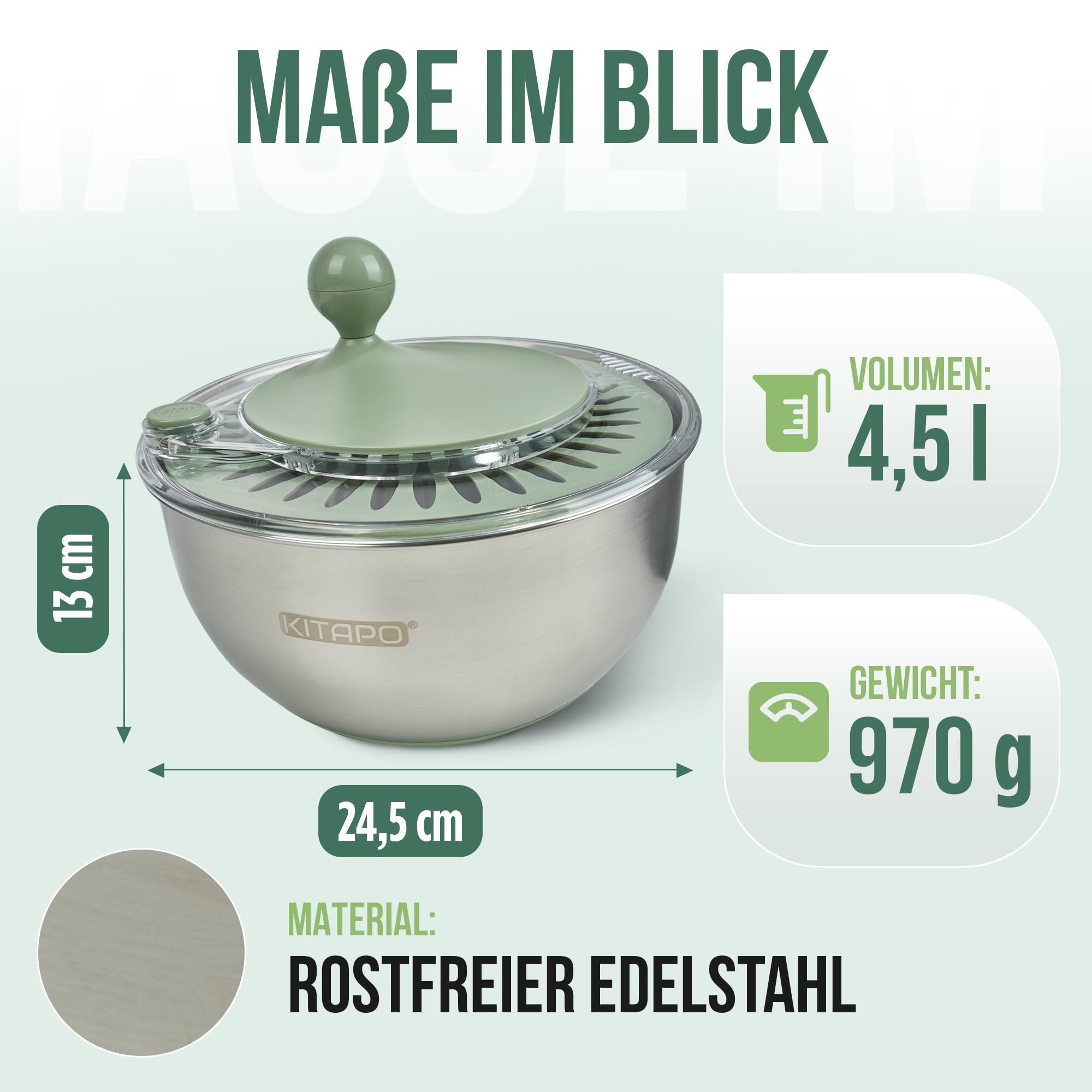 Salatschleuder Edelstahl mit Kurbelantrieb [2 in 1 Servierschüssel] 4,5l [Wasserauslass, Spülmaschinengeeignet, rutschfest] Salad Spinner Obstsschleuder hochwertige Salatschleuder groß
