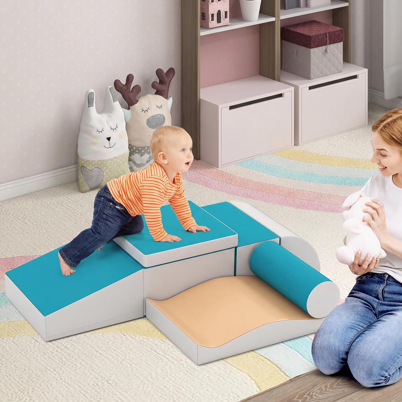 COSTWAY 7PCS Parcours Motricité Bébé en Mousse avec Housse en PU, Module Motricité Bébé avec Diverses Couleurs & Formes, Jouets Éducatifs pour Ramper Grimper, Nettoyage Facile, 18 Mois+ (Bleu)