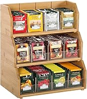 Vista 9 de Organizador de bolsas de té de bambú apilable de 2 capas y estante - Contenedores de madera para cajas de té - Soporte para encimera o gabinete