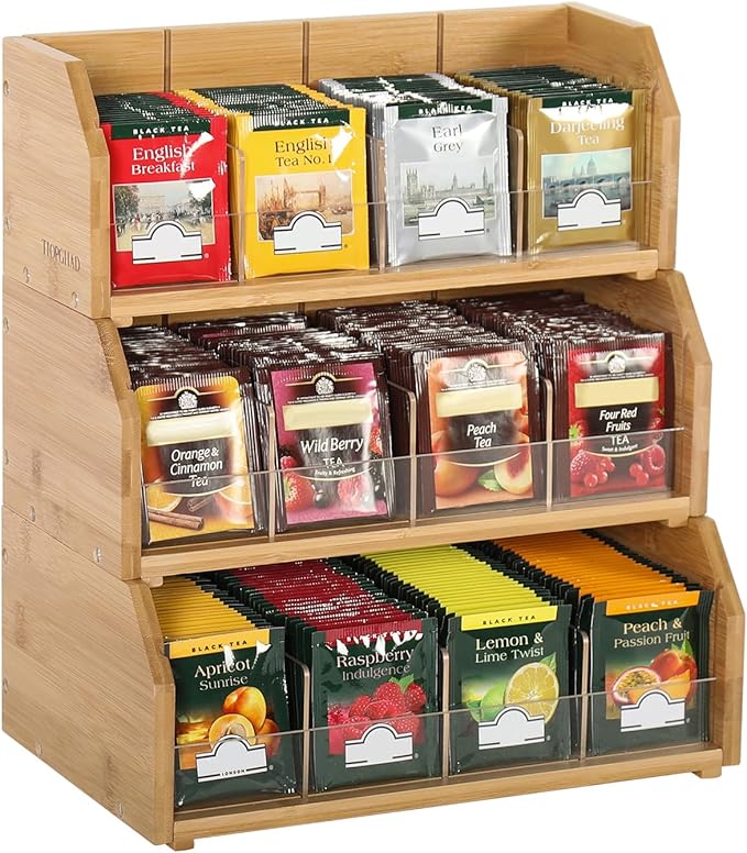 2-Layer Stackable Bamboo Tea Bag Organizer Storage Holder & Rack - Wooden Tea Box Containers - Stand for Countertop or Cabinet