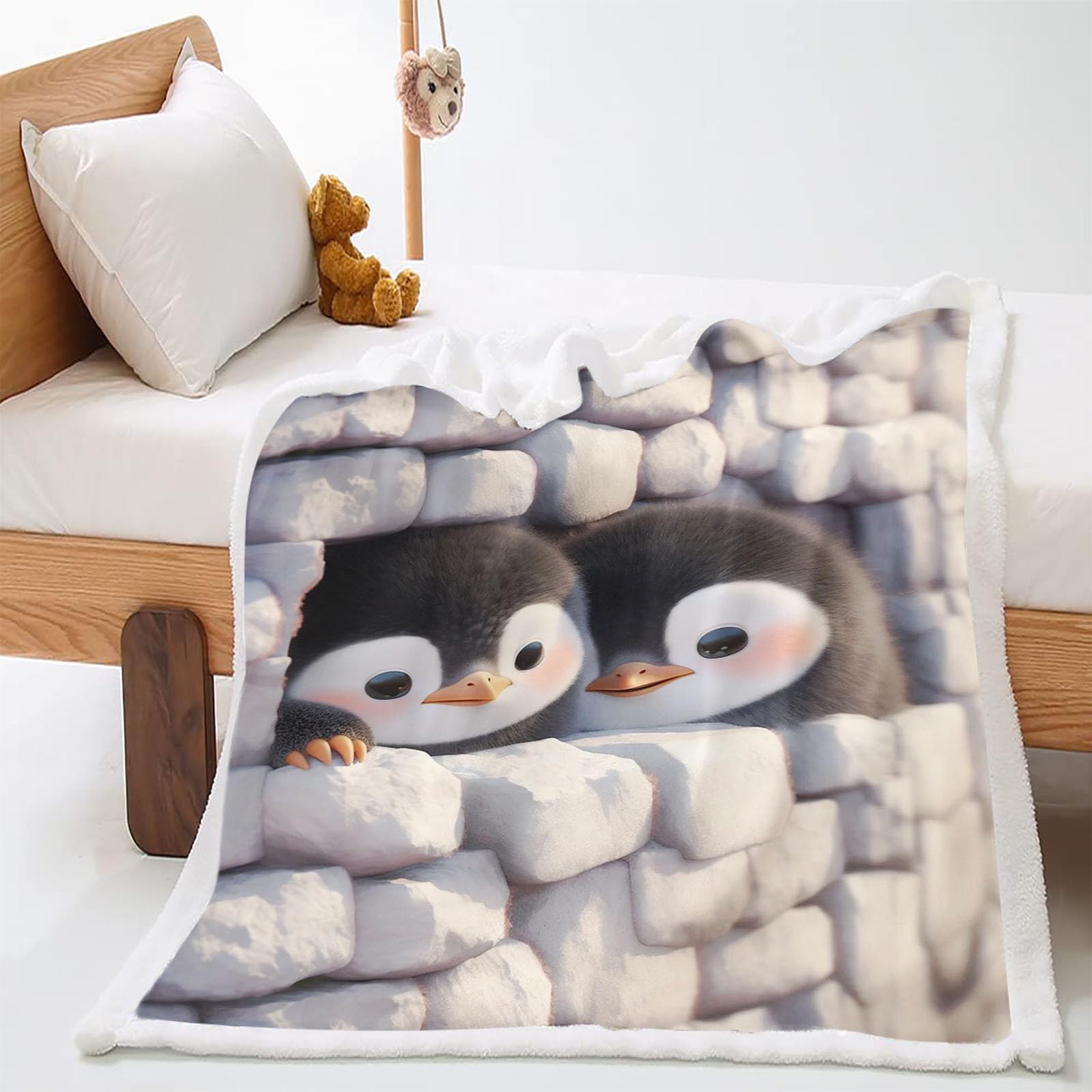 WEQEER Cuddly Blanket Penguin Motif Fleece Blanket Fluffy Penguin Sea Animals Blanket Children's Blanket for Boys Children Men Adults (3.130 x 150 cm)