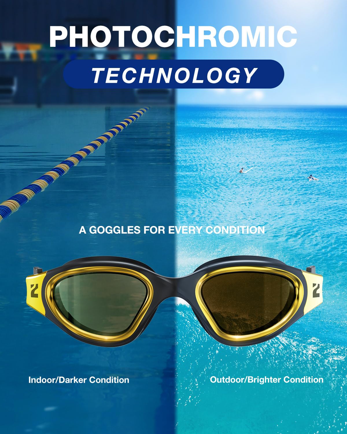 ZIONOR Occhiali da nuoto, G1 ULTRA fotocromatici polarizzati per uomini donne adulti, protezione UV a prova di perdite, cinturino regolabile per interni ed esterni (polarizzati + oro)