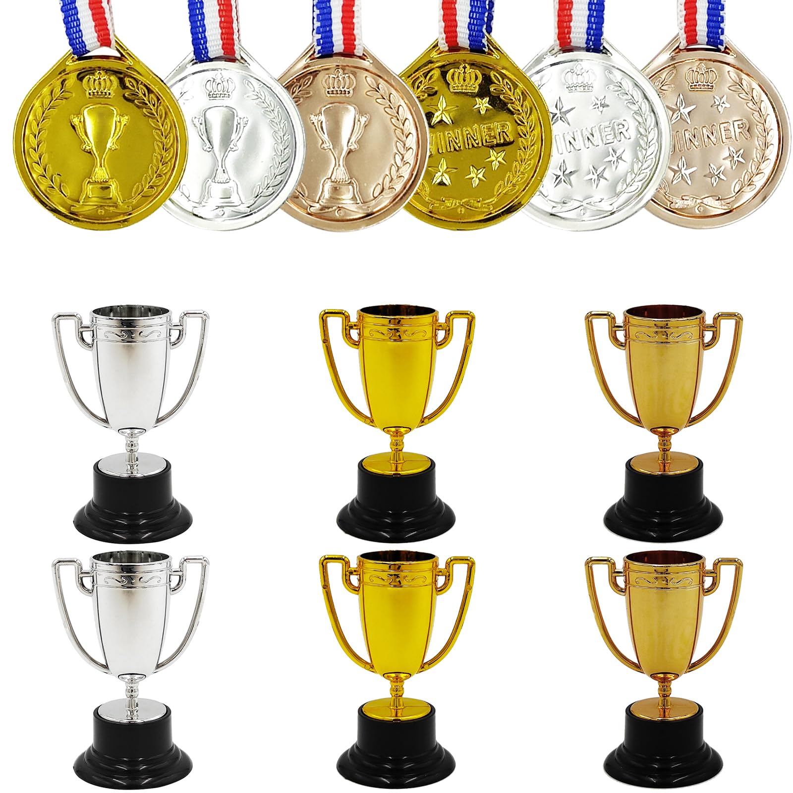 HOPELJ 6 Pack Mini Award Trophy Cup with Medals for Kids - Plastic Gold Silver Bronze Award Trophies Medals Sets for Party Favors, Gifts,Props,Winning Prizes, Family Game Rewards