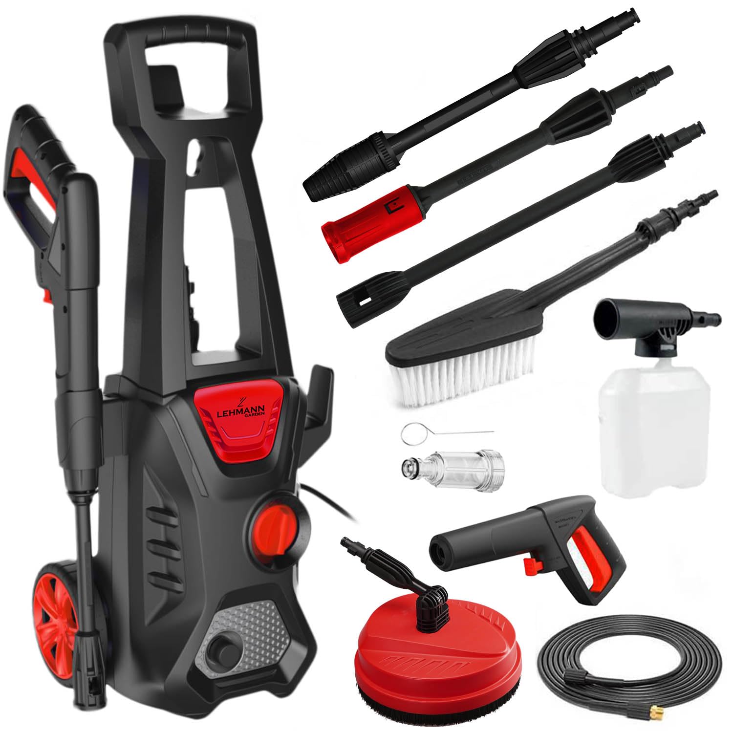 LEHMANN Jukon Hochdruckreiniger mit 9-TLG. Zubehörset, 1600 W, 480 l/h Fördermenge, Selbstansaugfunktion, 230 EwBar Maximaldruck, 10 m Arbeitsradius, Flächenreiniger für Terrasse & Autowäsche
