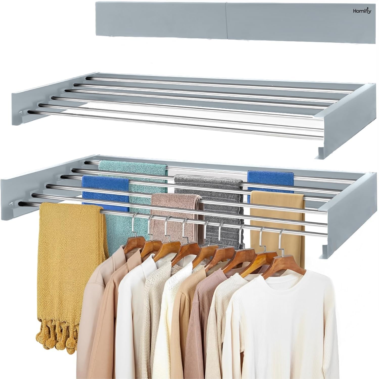 HOMIFLY Metal Foldable Wall Mount Clothes Hanger/Cloth Drying Stand for Balcony with 5 Rods/Collapsible Clothes Drying Rack for Laundry/Space Saver/Indoor/Outdoor(Grey)