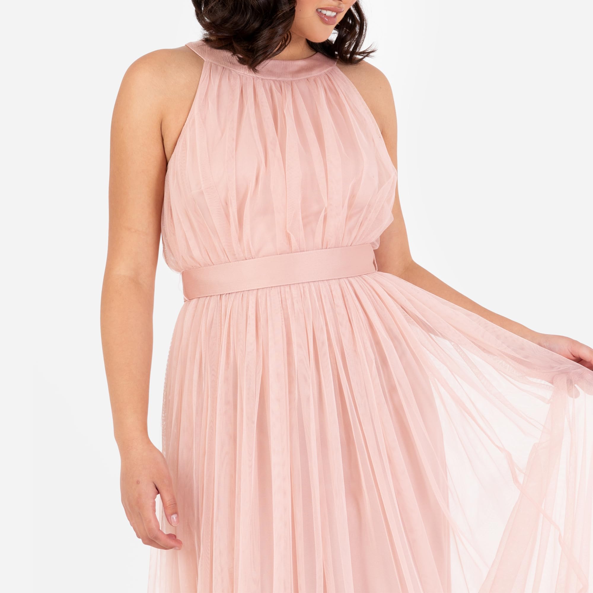 Anaya with Love Damska sukienka maxi dla kobiet Halter Neck długi rękaw z paskiem Linia Wieczorna Piłka Nożna Prom Wesele Gość Druhna, Jasnobrzoskwiniowy róż 46, Blush Peach, 44
