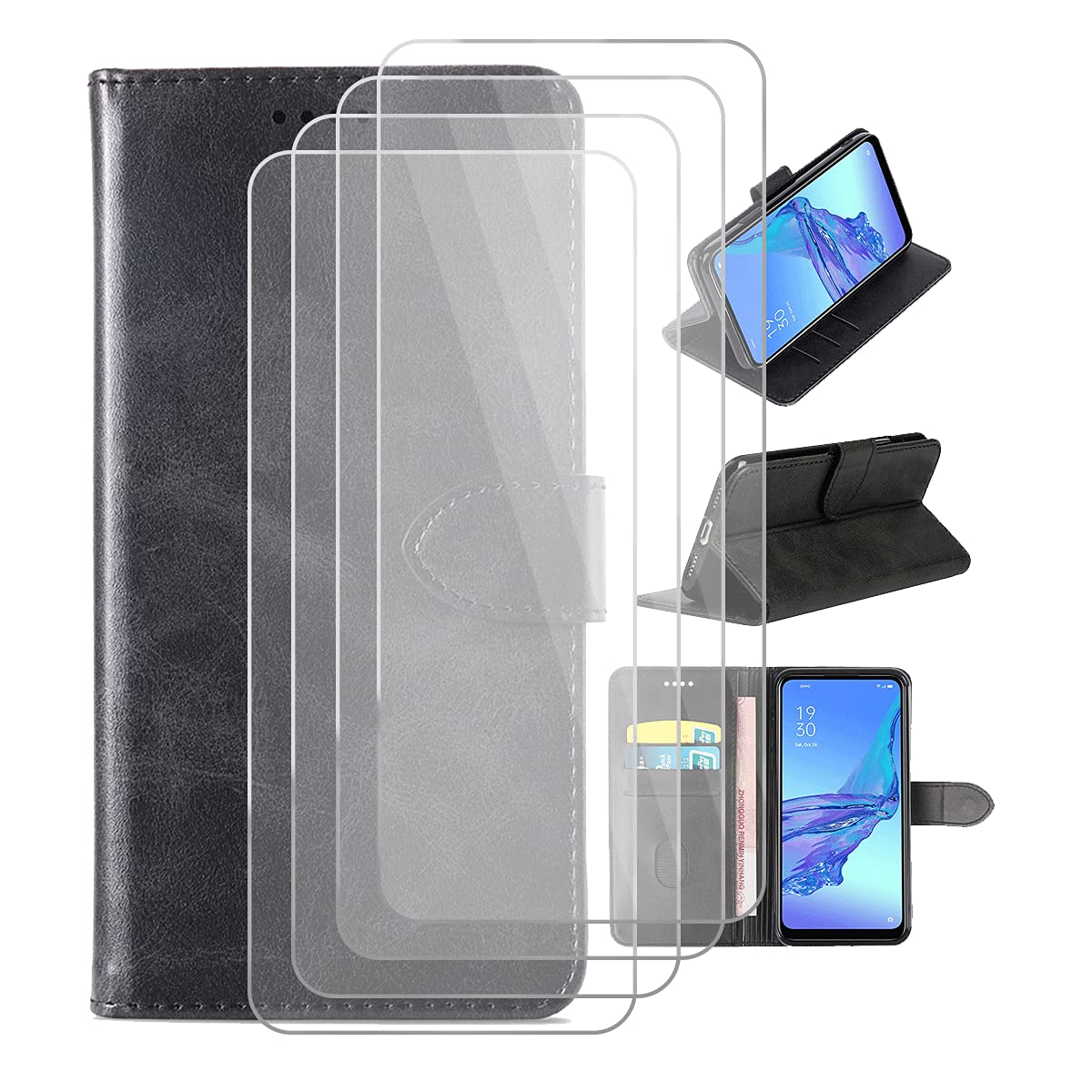 FZZSZS Case for ZTE Axon 20 4G Pack Screen Protector Film  Tempered Glass, Magnetic PU Wallet Flip Protective Cover with Card Slots  Shell