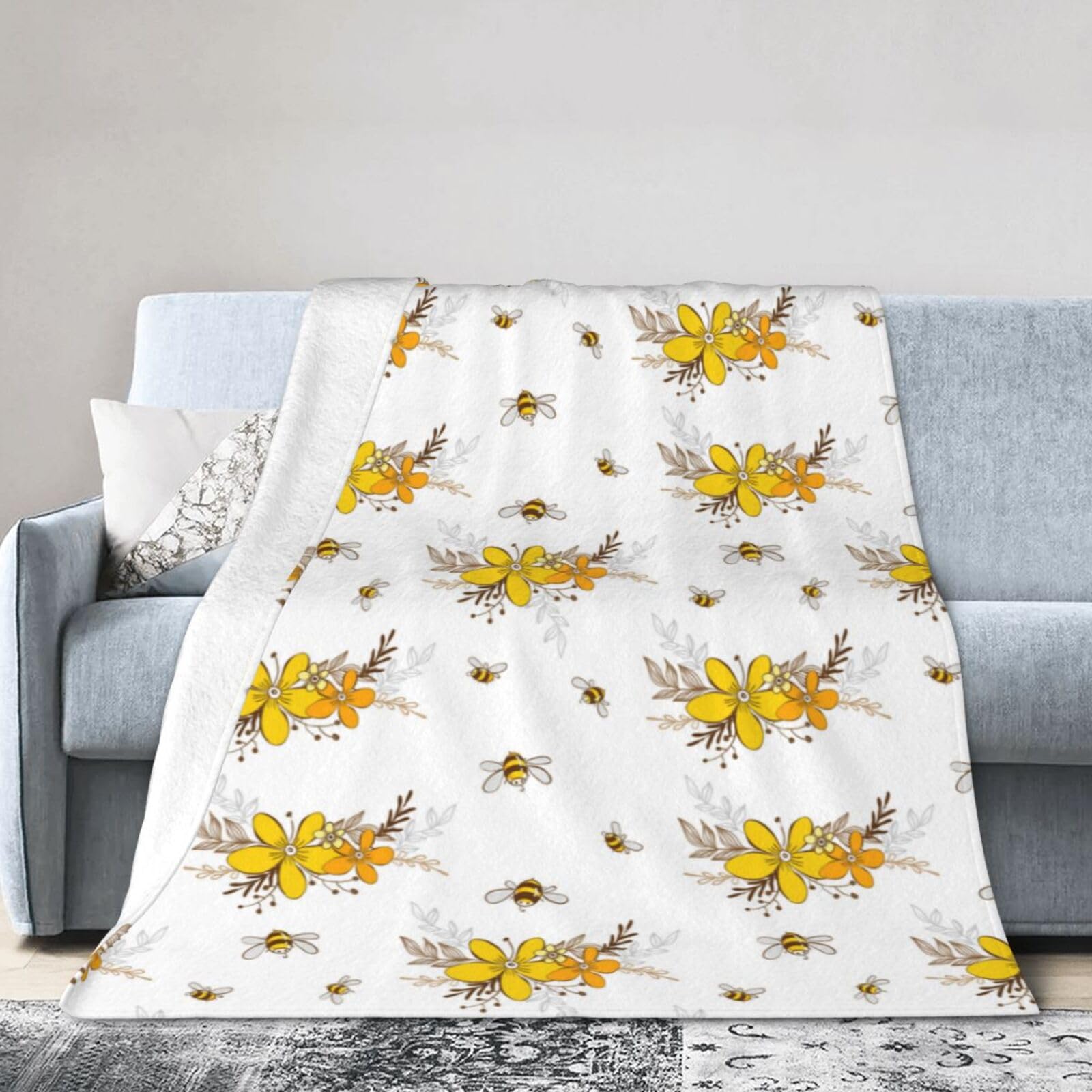 Noble Ren Floral Bee Hand Painted Style Ultra-Soft Micro Fleece Blanket Winter Warm Soft Lannel Fleece Throw Blanket For Couch Sofa Bed 40"X30"