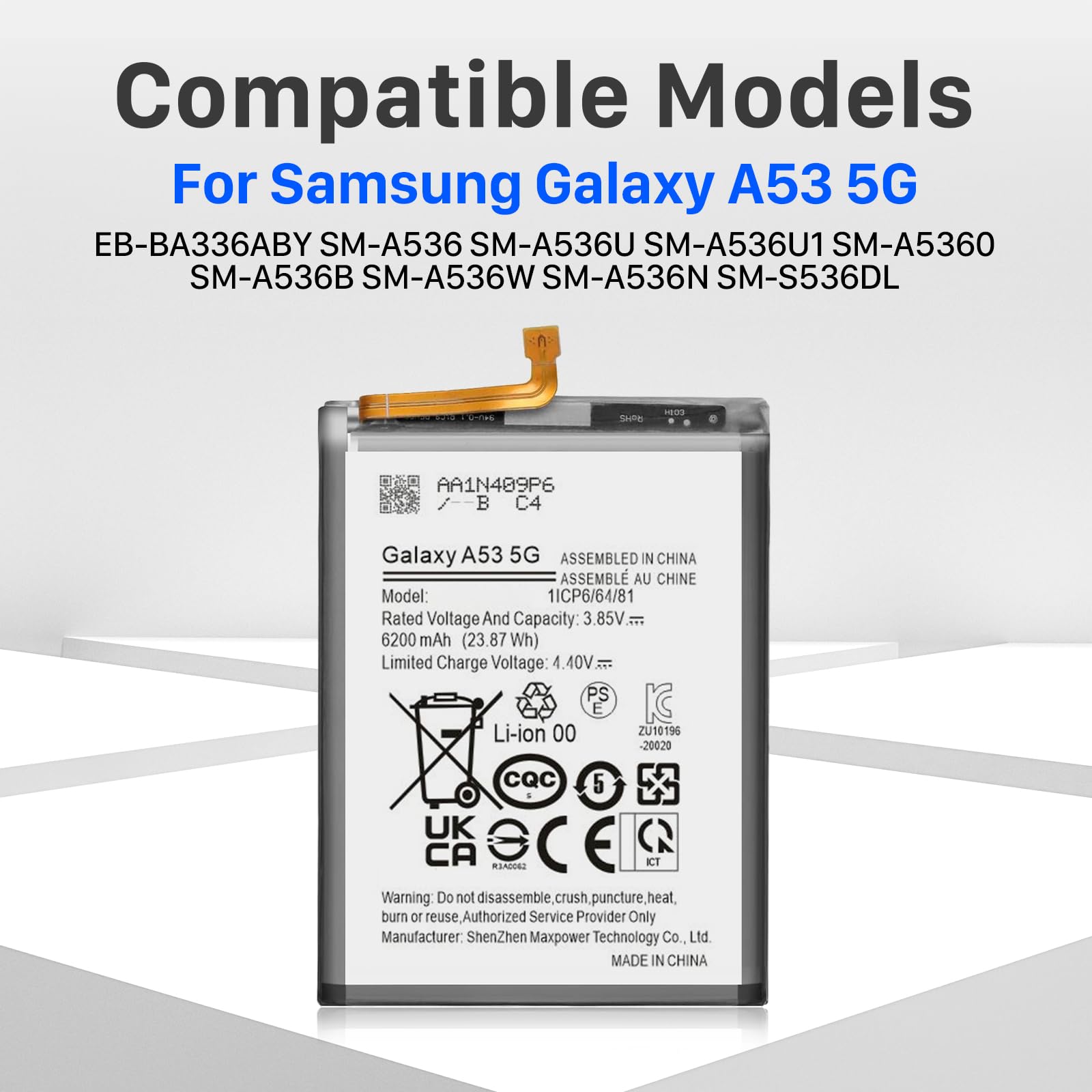 6200mAh Galaxy A53 Akku, EB-BA336ABY Ersatzakku für Galaxy A53 5G SM-A536 SM-A536U1SM-A536U SM-A536W SM-A536B SM-A536N SM-A5360 SM-S536DL mit Reparaturwerkzeug