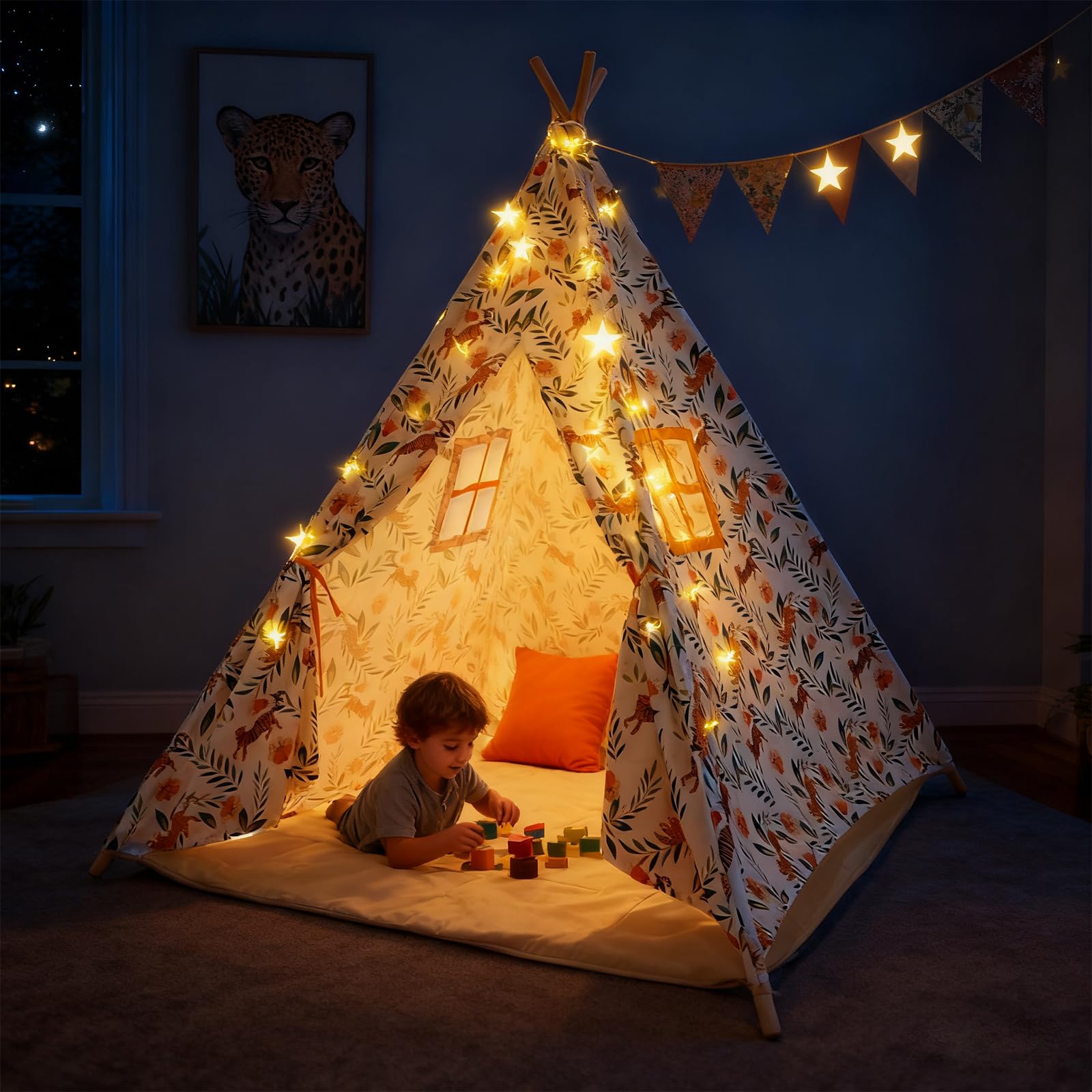 Teepee Tent for Kids with Light & Mat, Toddler Tents Indoor Play Tent Playhouse, Foldable Toddler Tents for Girls and Boys, Warm Reading Nook & Room Decor (Color 1)