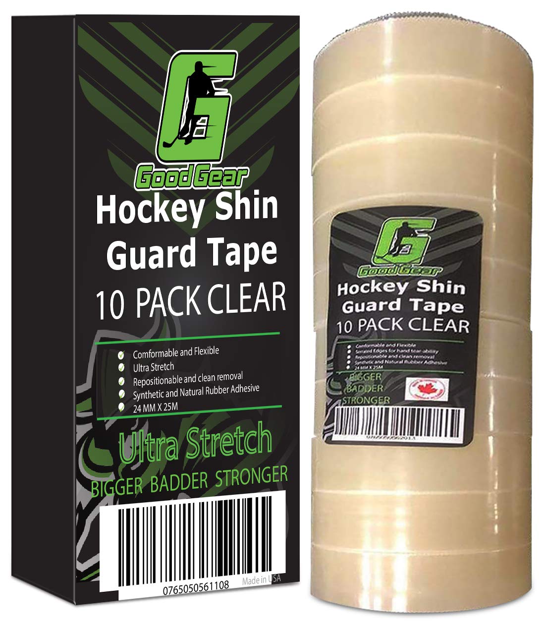 10 Pack Clear Sports Tape Hockey Tape for Socks and Gear, Easy to Stretch and Tear Shin Guard Tape by Good Gear