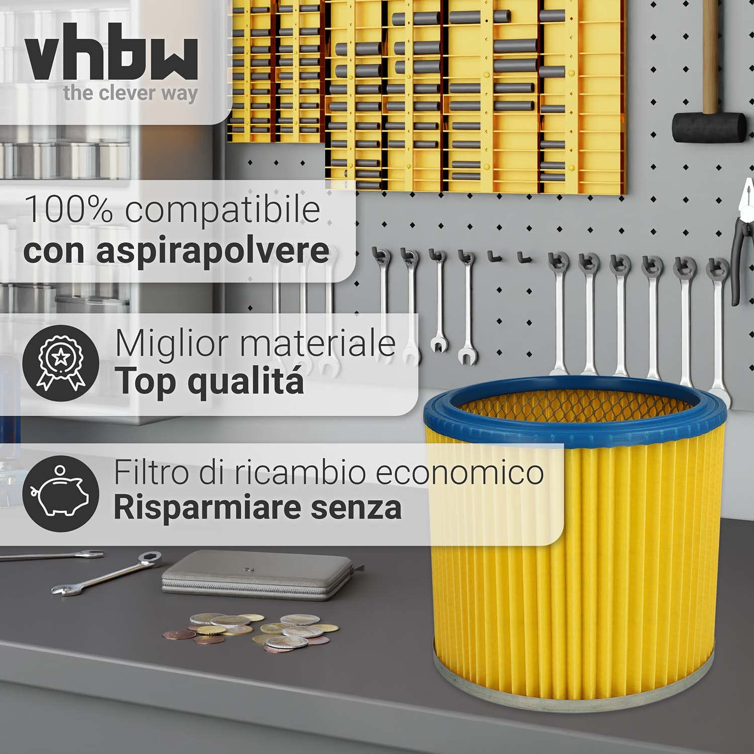 vhbw 5x filtro a pieghe piatte compatibile con Lavor/Lavorwash GN 32, GN 22, Ashley 300, Ashley 100, GBX 32, GBX 22 aspirapolvere - blu/giallo