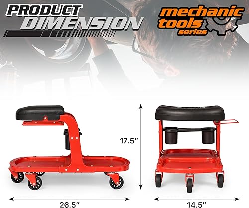 Miniatura 2 de M-AUTO Asiento de rodillo de garaje resistente, taburete mecánico de tienda con bandeja de herramientas y estante de equipo, asiento de enredadera