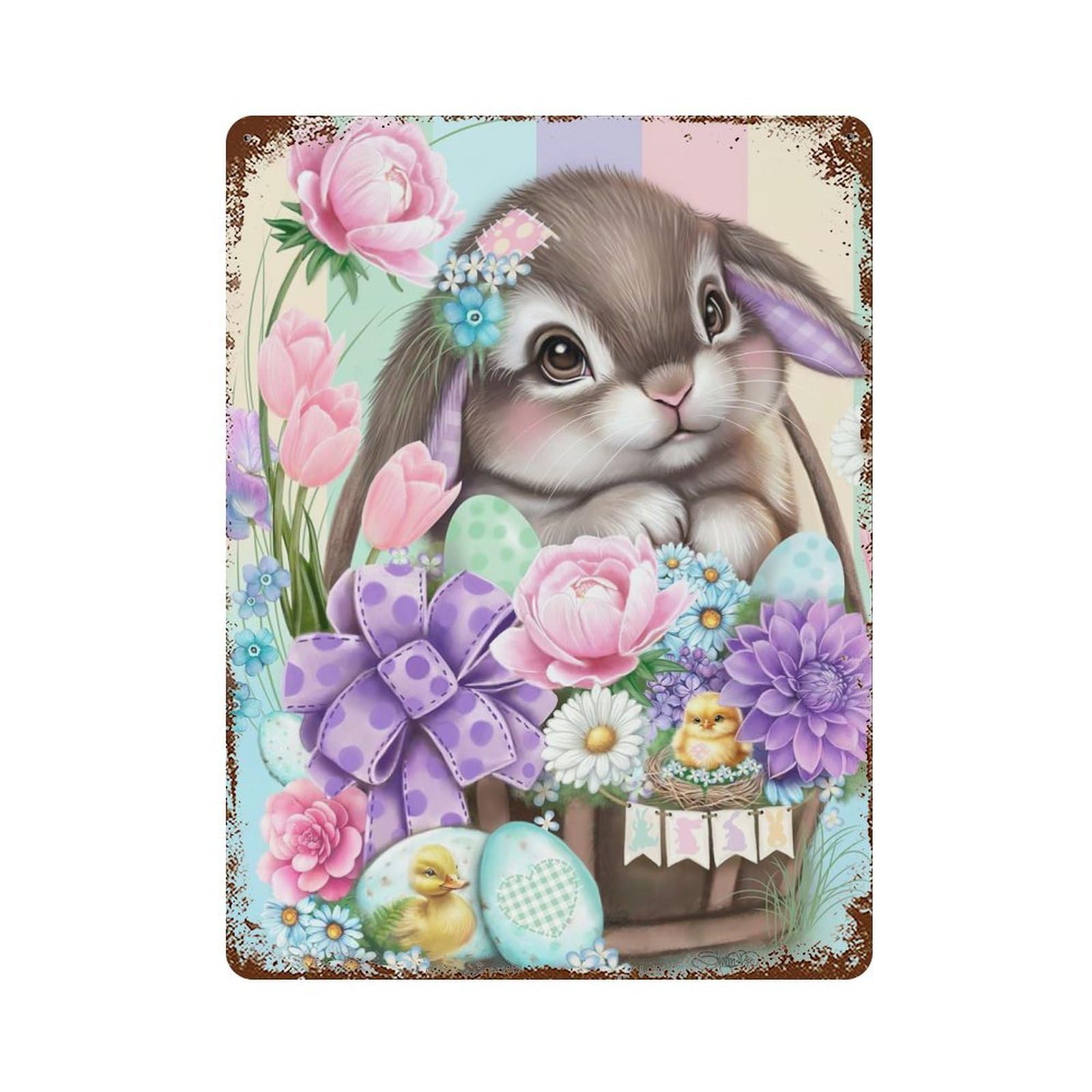 Easter Bunny Basket Distressed Metal Wall Sign 15.7"x11.8", Rustic Home Decor for Living Room, Hallway And Home Decor