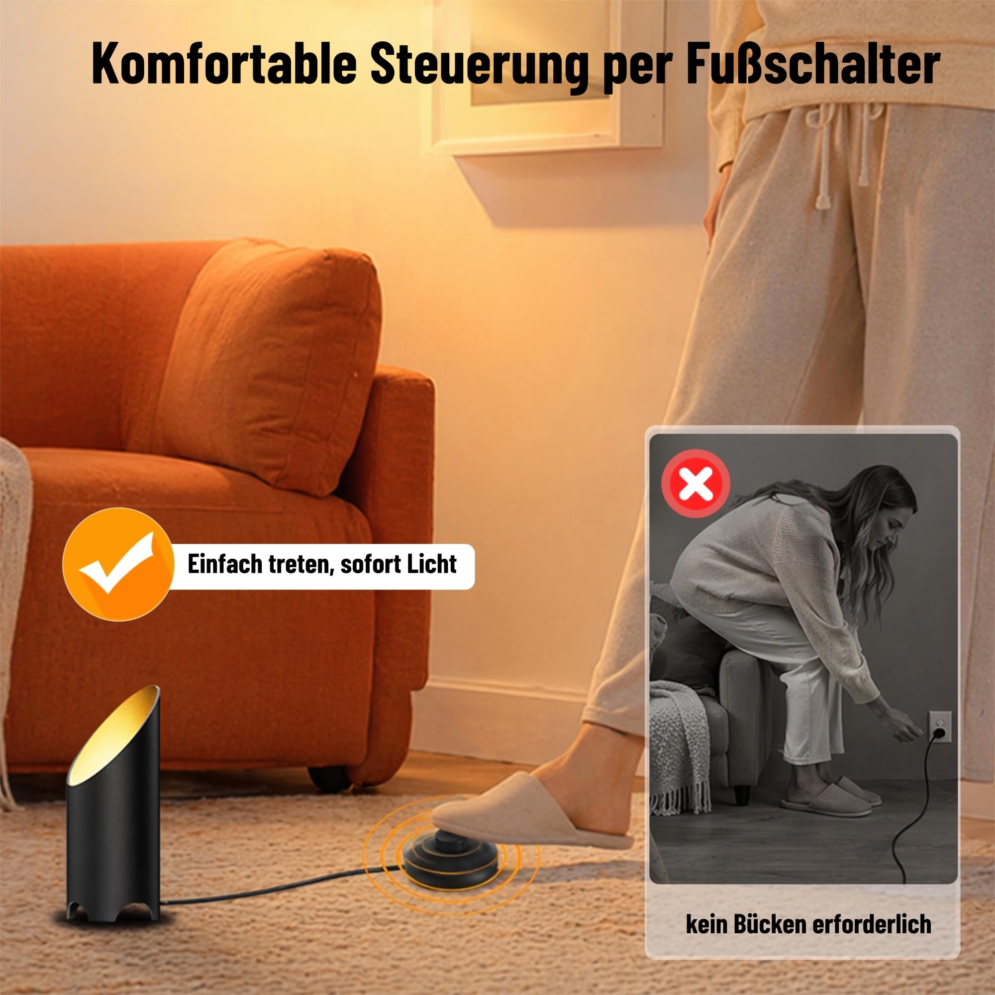 LED Bodenstrahler Innen Wohnzimmer: 3000K 7W GU10, Schwarz, 2 Stück | 3000K warmweißer LED Uplight Spot mit Fußschalter und 1,8 m Kabel für indirekte Beleuchtung, Pflanzen, Bilder und Sofaecken
