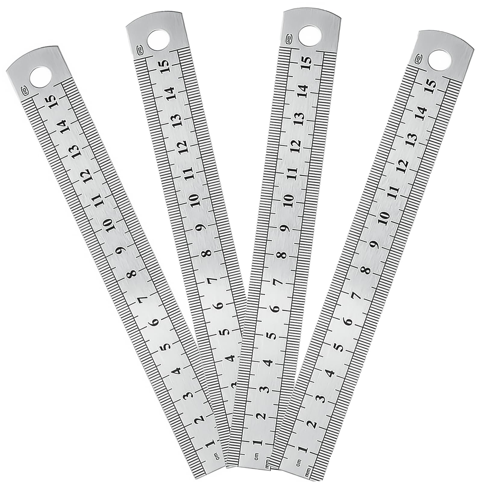DAQUN 4 Pcs 6 Inch Metal Ruler, 15cm Stainless Steel Ruler Small Dual Metric Imperial Scale with Hanging Hole for Craft DIY
