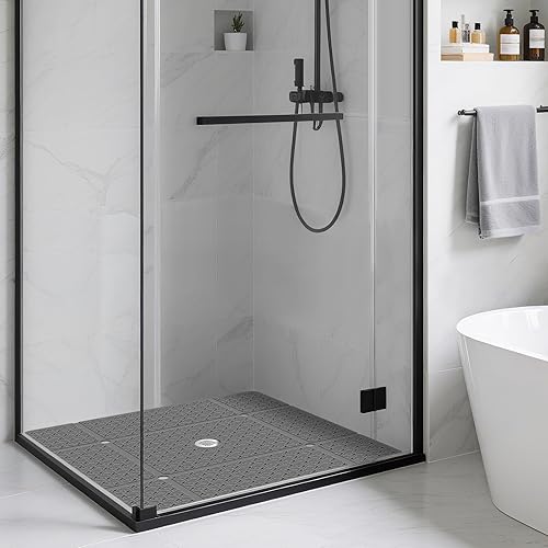 Miniatura 7 de Yolife Tapete de ducha cuadrado, 27 x 27 pulgadas, tapete de ducha grande con orificio de drenaje central, tapete de ducha antideslizante de TPE