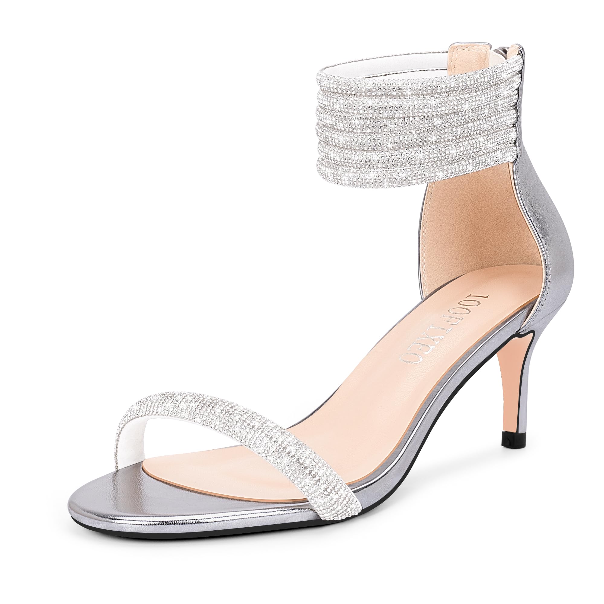 100FIXEO Rhinestone Embellishment Stiletto Heels Sandals Open Toe Ankle Strap Wedding Dress Shoes
