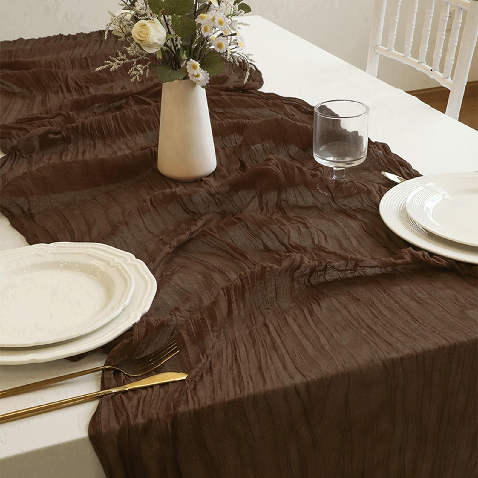 Camino de mesa transparente de tul marrón oscuro, tela de encaje de temporada, cortinas para manualidades, bodas, cumpleaños, fiestas, picnics, decoración de Navidad, 10 paquetes (90 x 400 cm)
