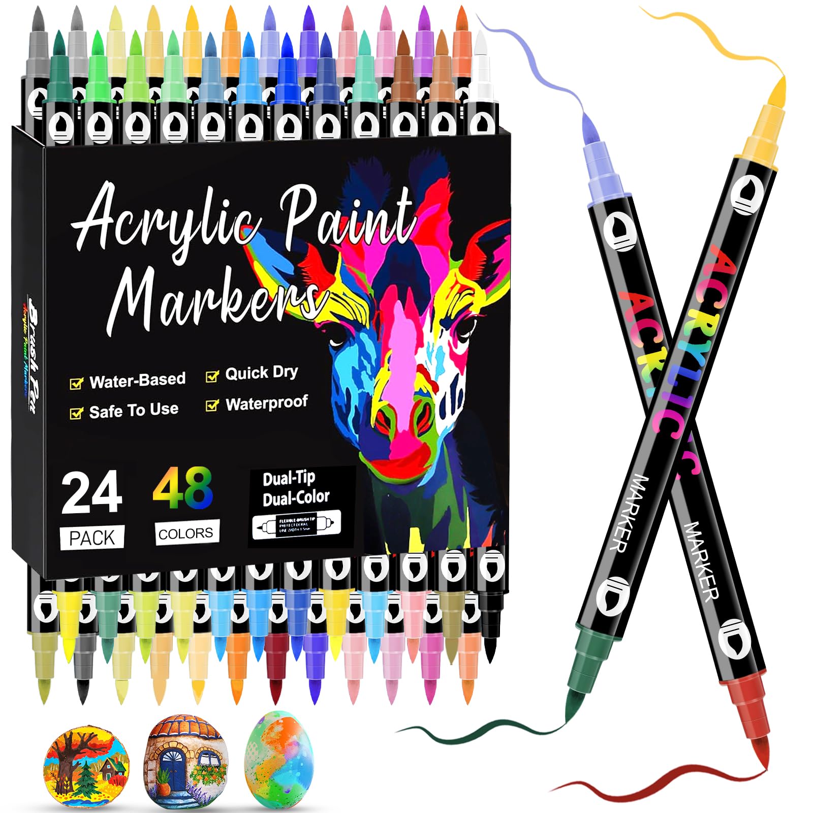 48 Colores 24 Piezas Rotuladores Acrilicos, 1-5MM Rotuladores Lettering Doble Punta, Secado Rápido & Antimanchas,No Tóxicos & Sin Olor, Ideales para Artistas y Aficionados a las Manualidades