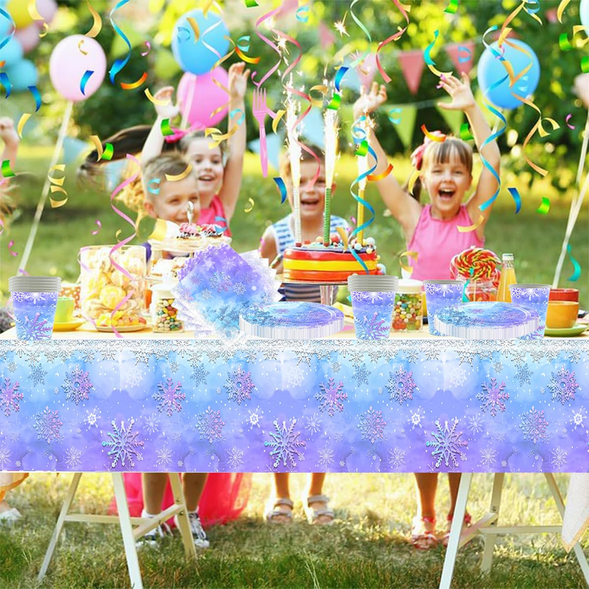 Stoviglie per feste Frozen,Set di stoviglie per feste con fiocchi di neve blu e viola,20 tovaglioli 20 bicchieri di carta 20 piatti di carta 1 tovaglia,Stoviglie per bambini e adulti