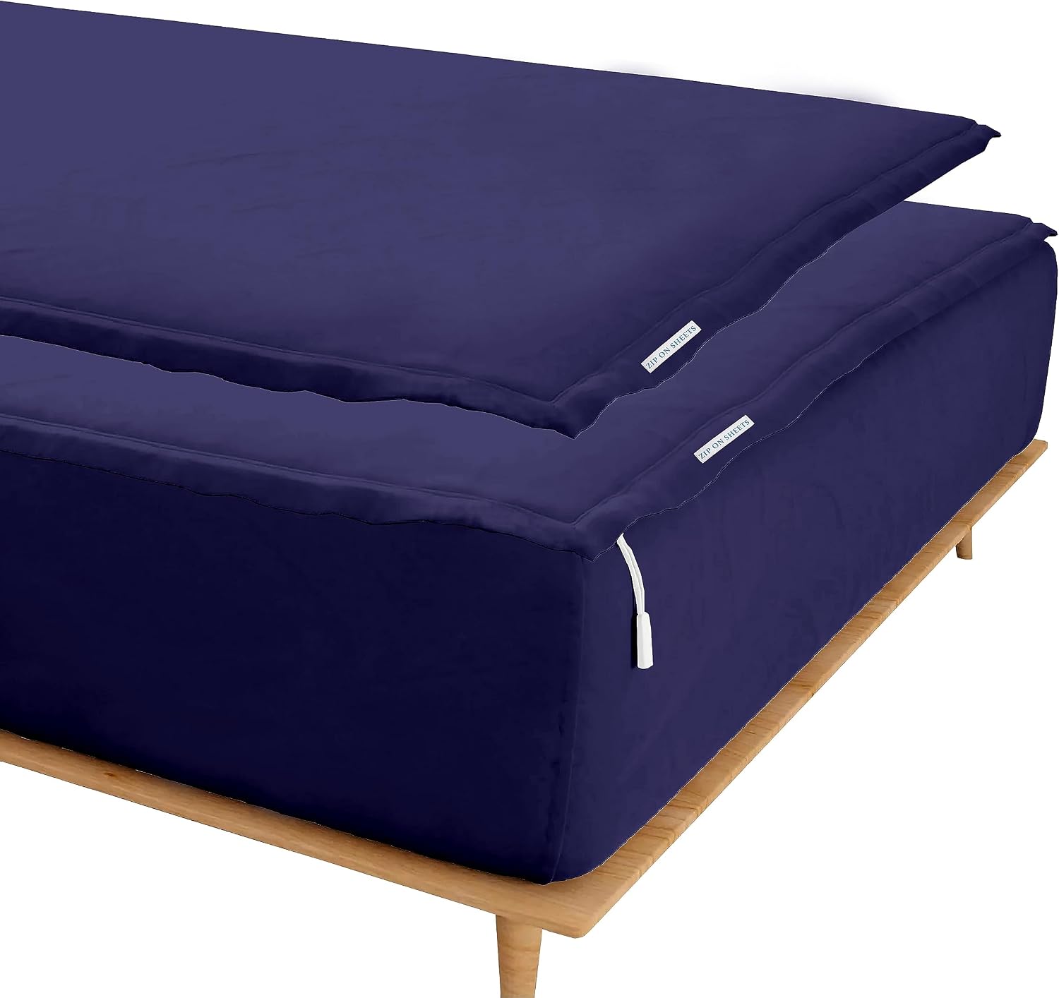 Zip On Sheets™ Zipper Fitted Sheet Full XL Size - Upto 16” Inch Deep Pockets - Includes 1 Fitted Sheet Base & 2 Zip-On Sheets - Easy to Use, Sateen Cotton 500 TC Fitted Sheet - White