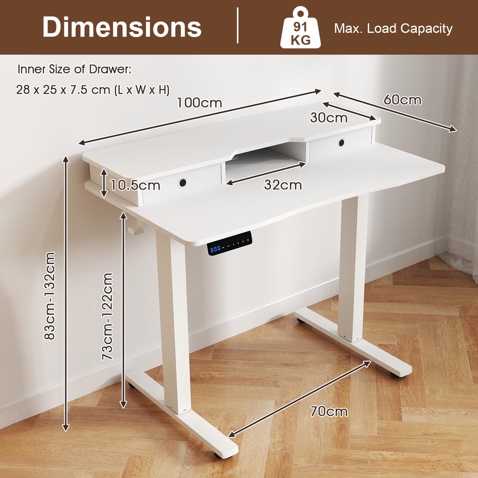 GIANTEX Scrivania elettrica regolabile in altezza, con supporto per monitor, 2 cassetti, 2 ganci, piccola scrivania per computer con altezza regolabile da 73 a 122 cm, per studio e ufficio (bianco)