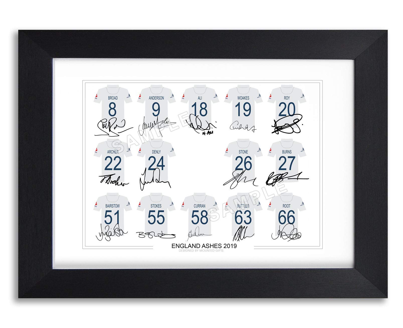 Mounted Gifts Black England Ashes 2019 Cricket Team Squad Signed Autograph Poster Print Poster Framed Picture Gift Ben Stokes ( Framed & Mounted)