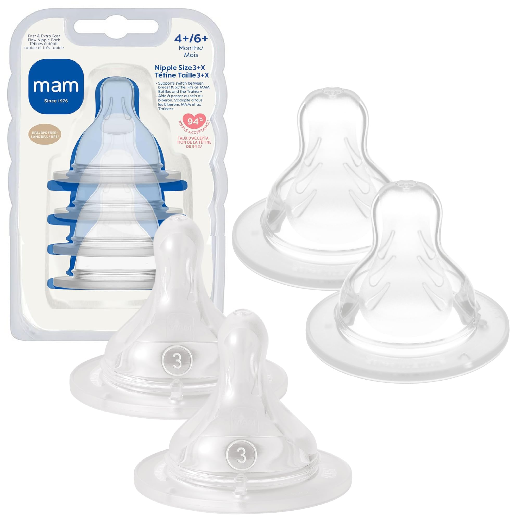 Baby Bottle Nipple Mixed Flow Pack, Fast Slow Size 3 & Extra Fast Flow Size 4, Newborns 4+ Months, Skin Soft BPA Free Silicone, 94% Nipple Acceptance, Fits All MAM Bottles, 4 Pack, Made in Europe