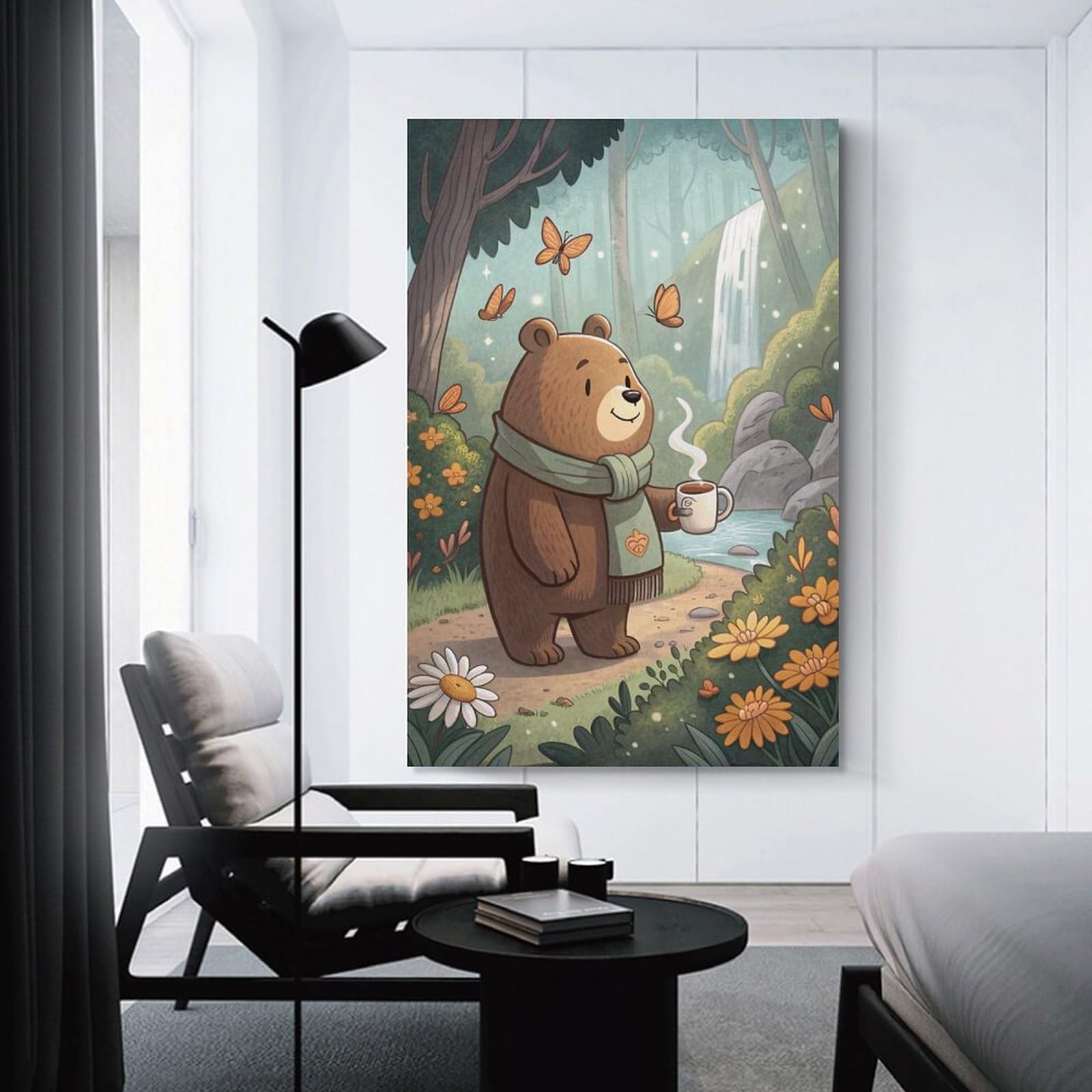 Junmoney Bear with Coffee in Forest Wall Picture Print 20x30inch(50x75cm), for Calm Bedrooms, Home Corners Or Flats, Home Artwork with A Soft Interior Feel