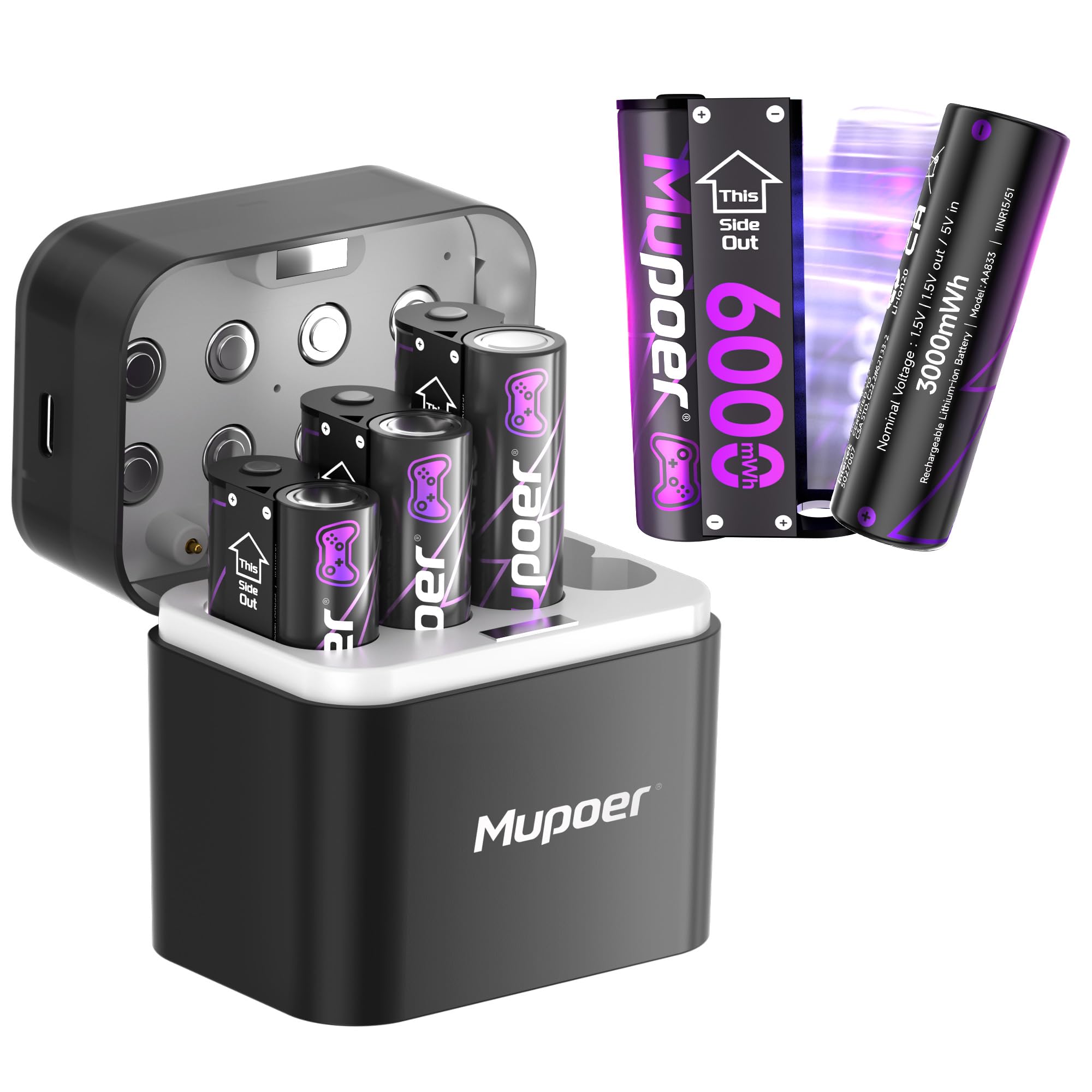 Mupoer Baterías AA recargables de litio de 8 x 3000 mWh, paquete de batería para controlador Xbox 4 x 6000 mWh, batería recargable doble A de 1.5 V, batería de litio de larga duración con caja para