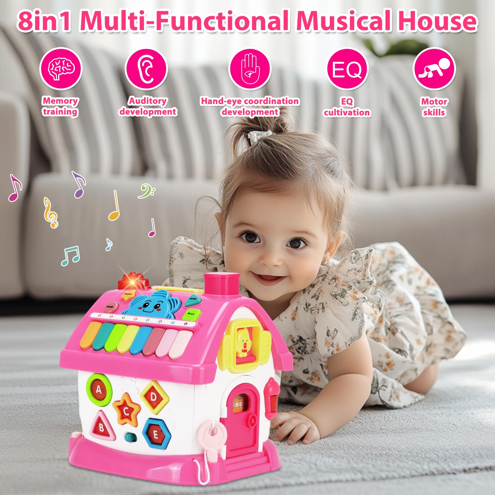 Aitbay Toys for 1 Year Old Girl Gifts: Baby Musical Toys 6-12 12-18 Months 8-in-1 Multi-Functional House - Montessori Educational Toys for Toddlers 1-3 - First Christmas 1st Birthday Gifts