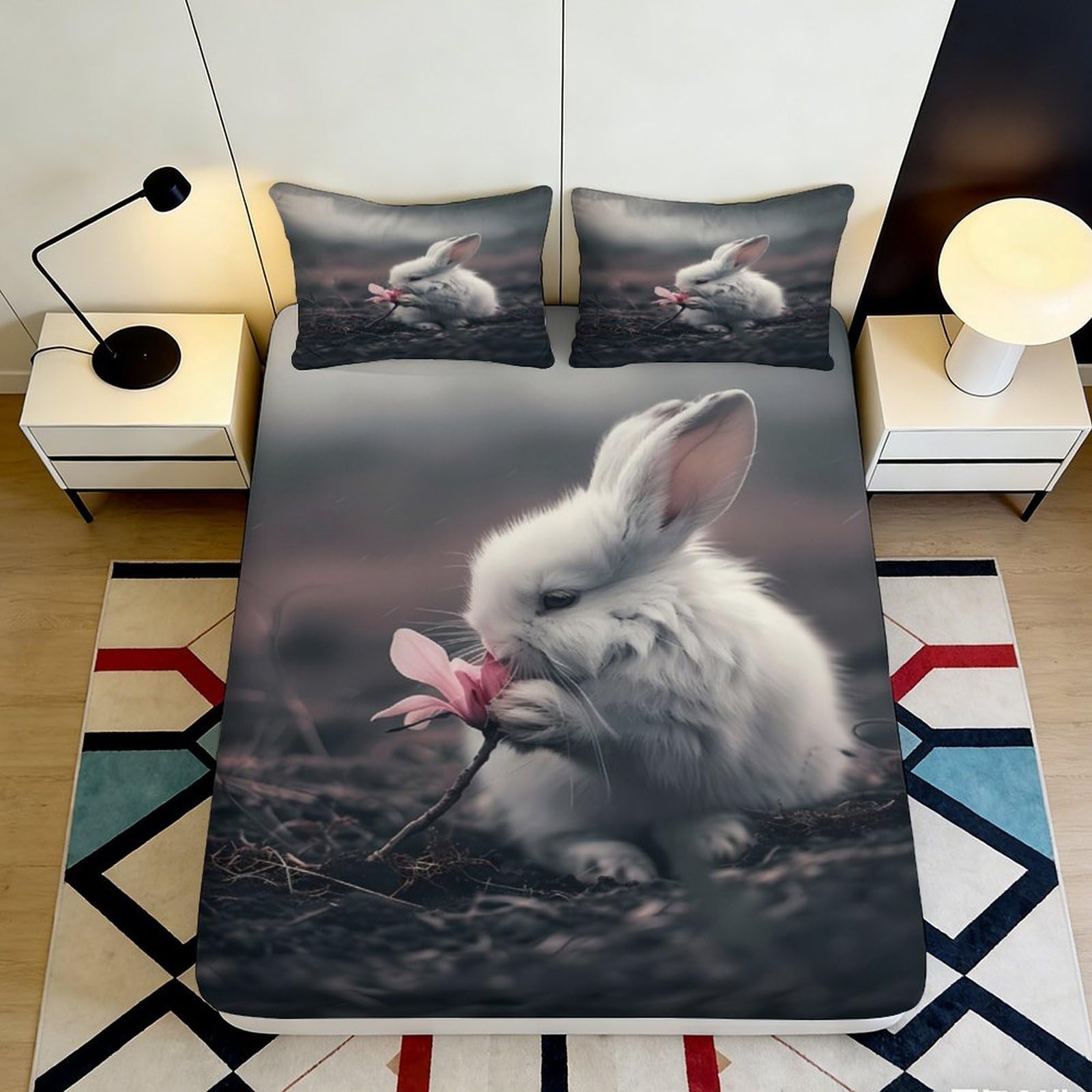 3D Printed Bunny Fitted Sheet Microfiber Deep Pocket Non-Slip Bedroom Bedding Bunny Mattress Fitted Cover for Adults Teens 180x200x25cm