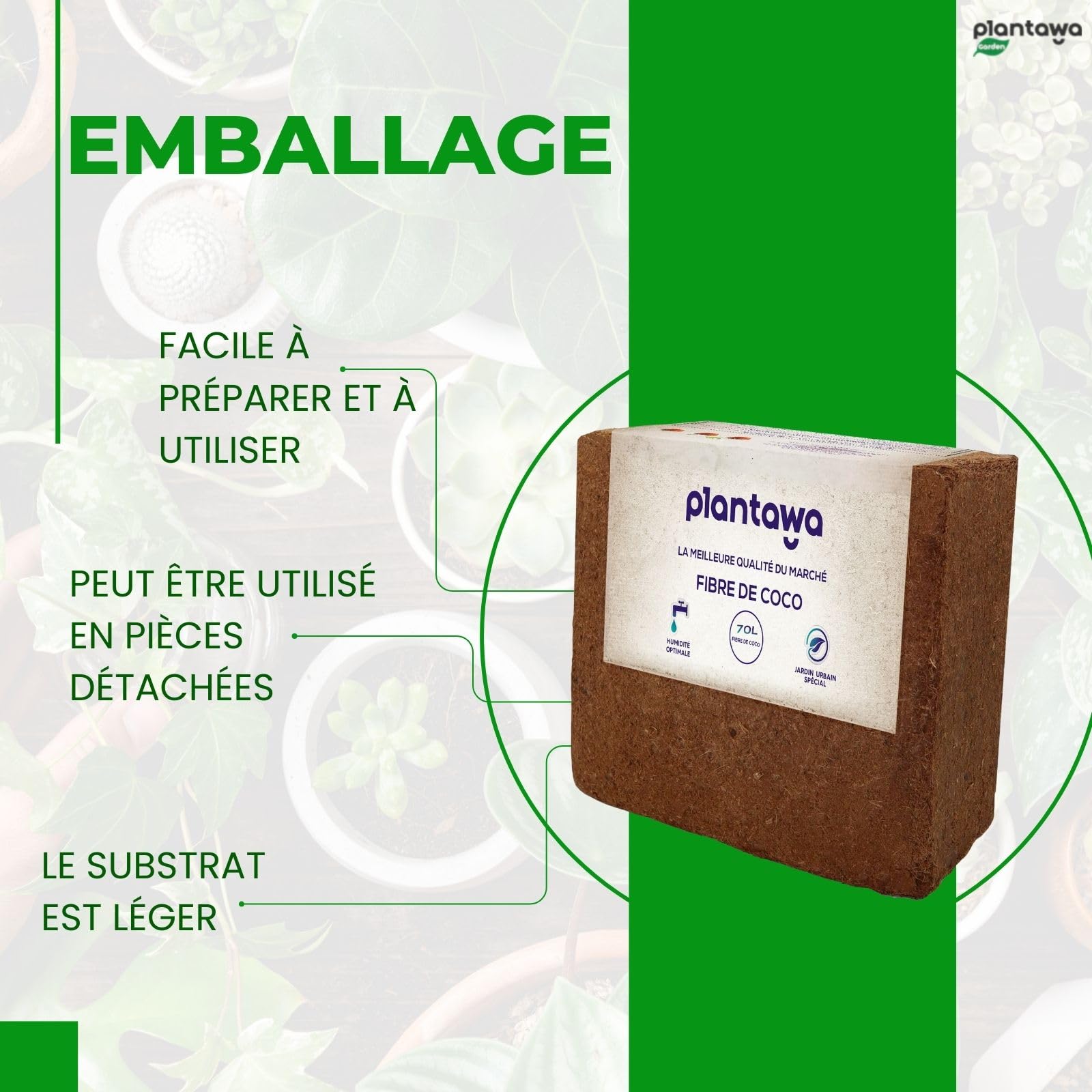 PLANTAWA Fibre de Coco Organique Bloc 5 kg 70 l – Brique compacte – Terre pour Plantes – Utilisation de Potager Urbain terriaire pour Plantes extérieures Turba pour Pots de Fleurs