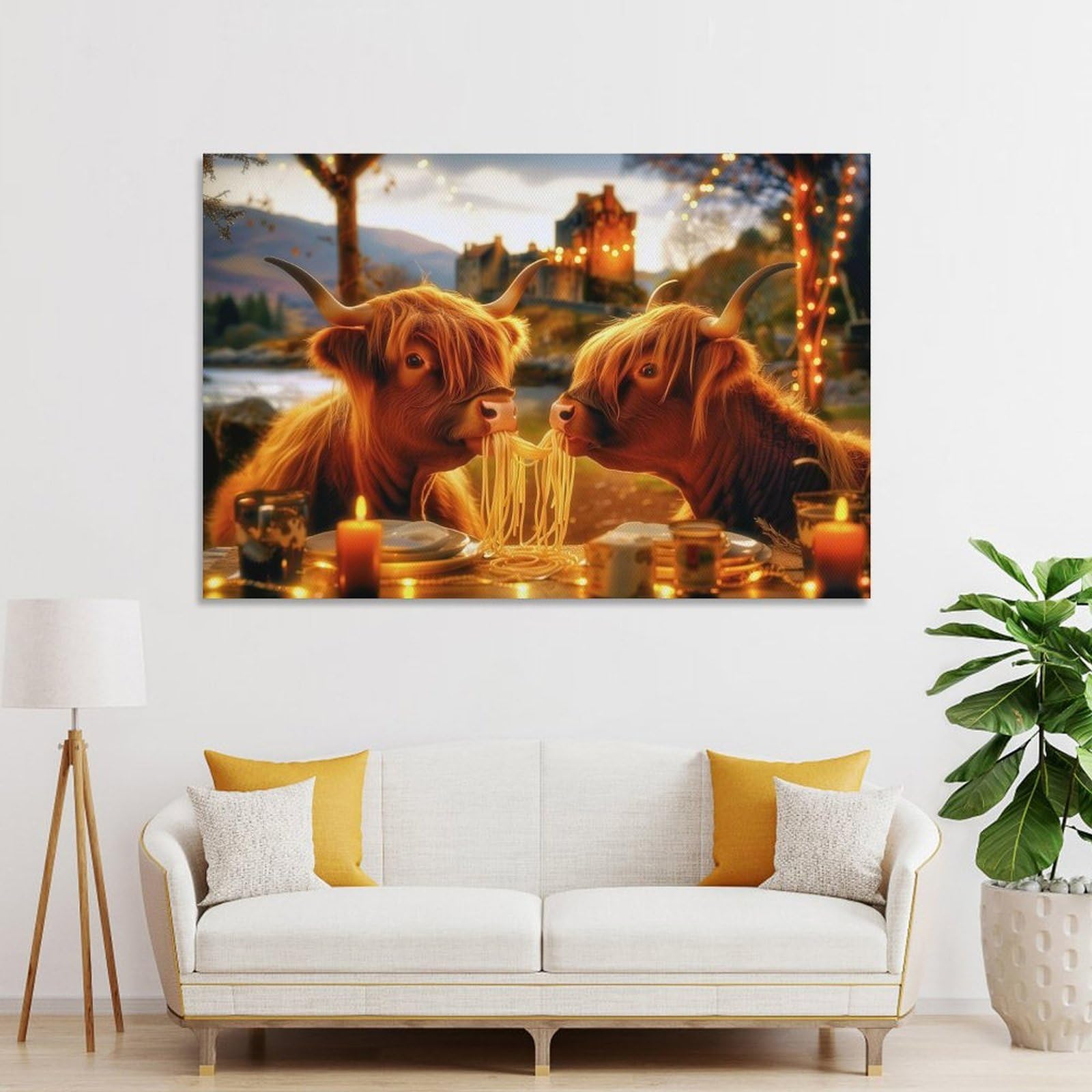 Junmoney Highland Cow Romantic Meal Decorative Wall Artwork 16x24inch(40x60cm), for Living Room, Bedroom, Office Or Hallway, Decorative Artwork with Broad Appeal