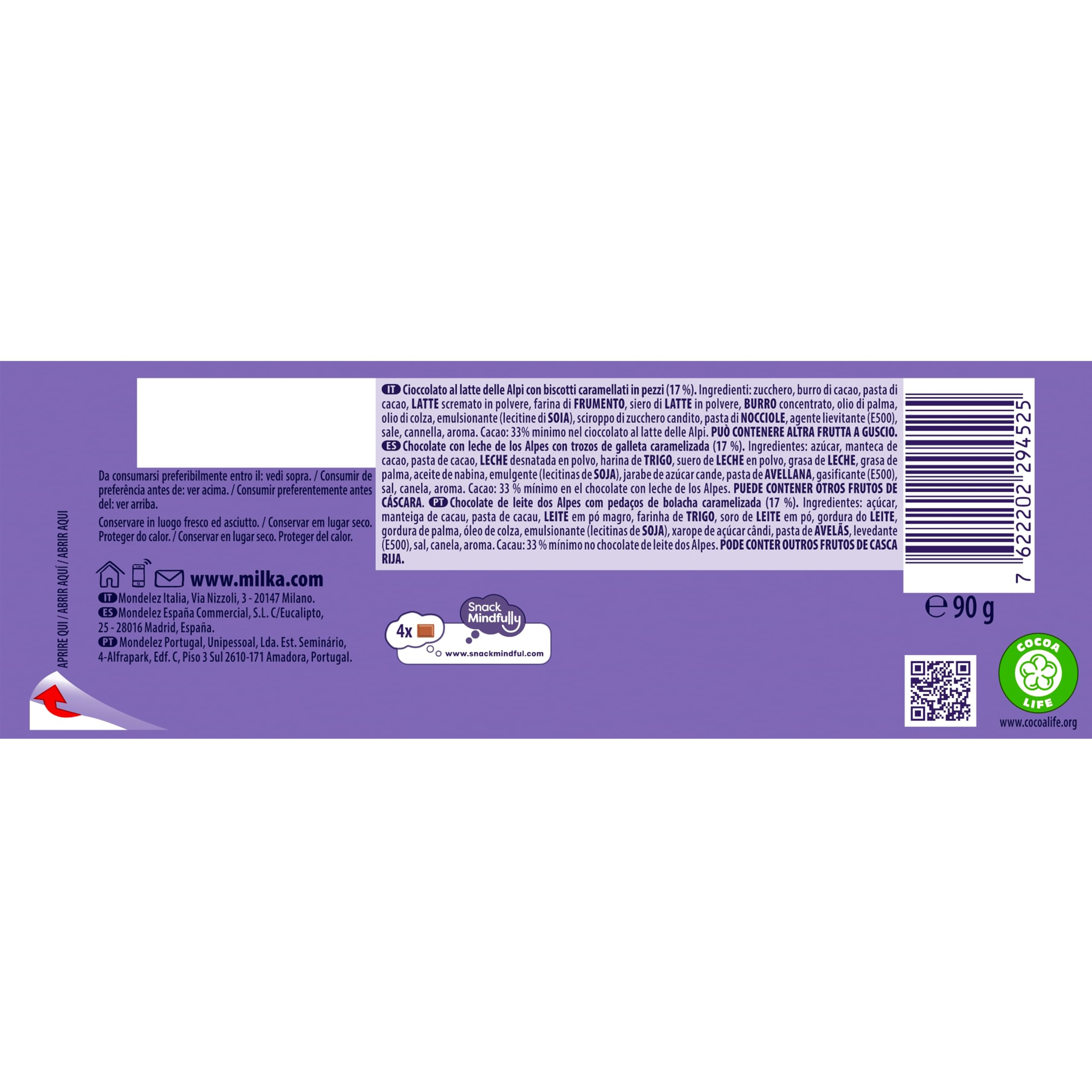 Milka Tableta de Chocolate con Leche de los Alpes con Galleta Lotus Biscoff, 90 g