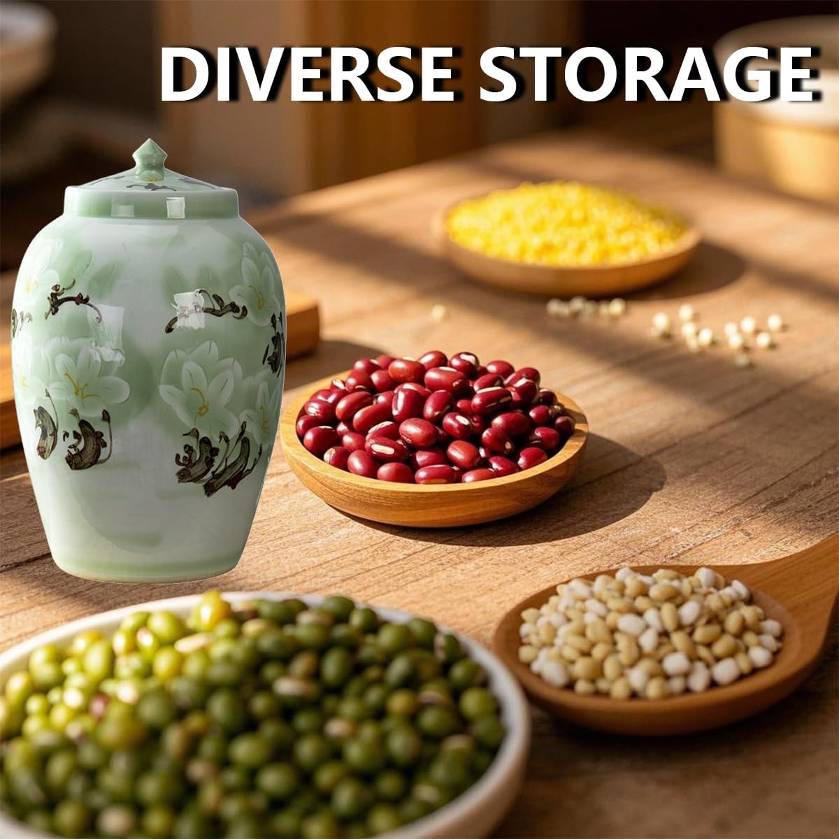 Contenitori Ermetici per Alimenti Secchi di Riso, Barattolo di Riso in Ceramica Cinese Verde Chiaro con Coperchio, Distributore di Cereali per Riso, Soia, Mais, Farina, Farina D'avena,Medium