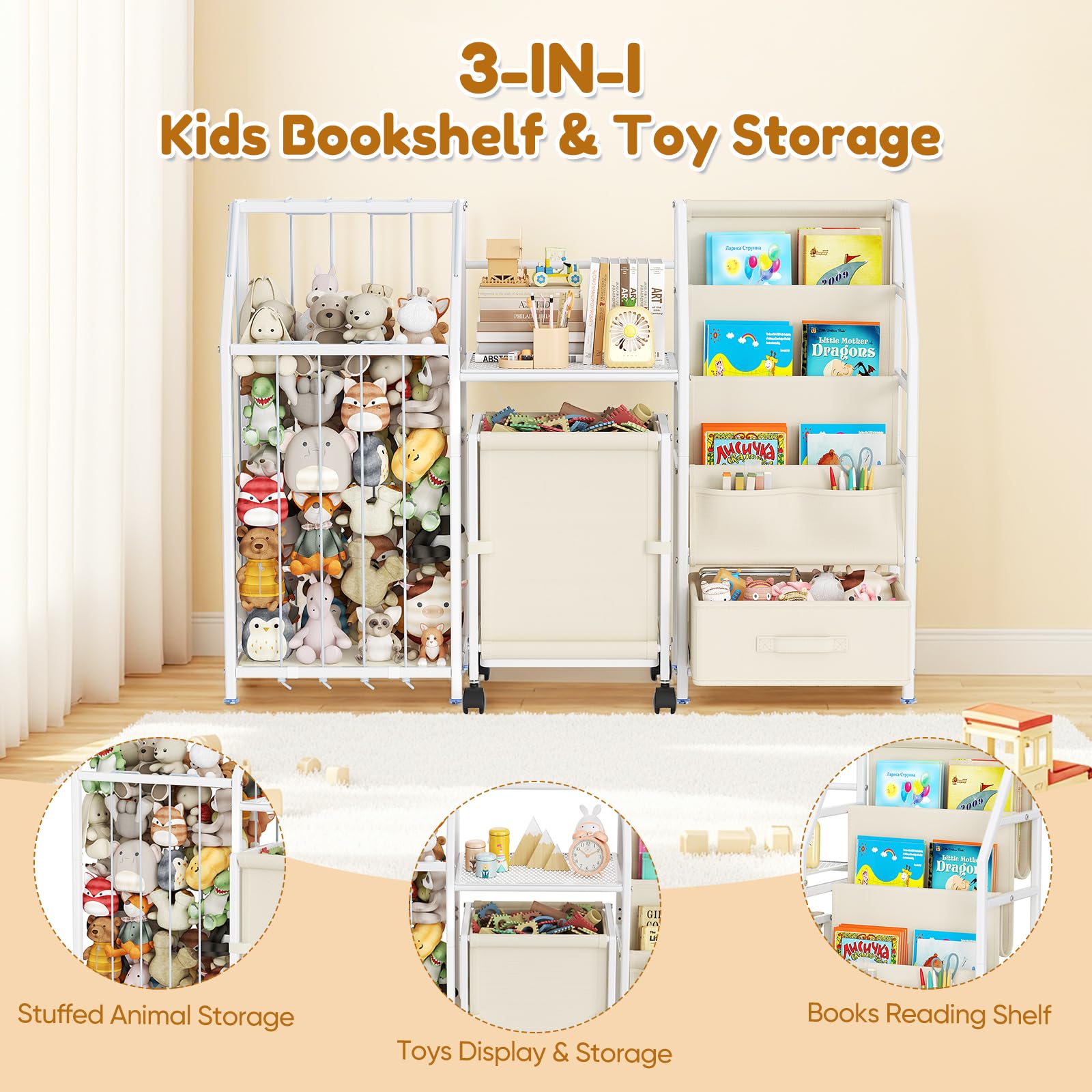 Libreria per bambini con ruote e cassetto, scaffale giocattolo con 4
