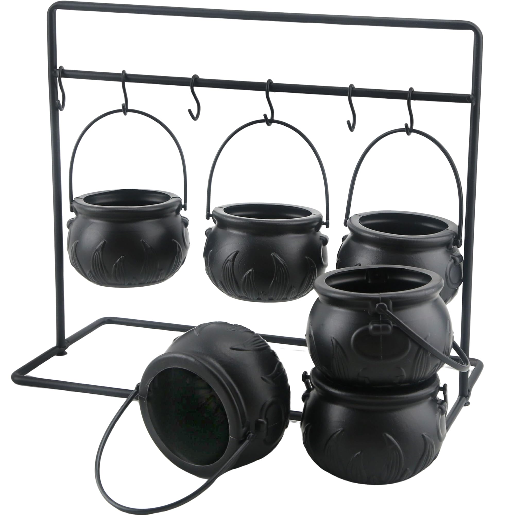6 Pack Small Halloween Witch Cauldron Candy Bowl Plastic Black Cauldron Serving Bowls with Halloween Cauldron On Rack and 6 Pack Hook for Halloween Party Decoration