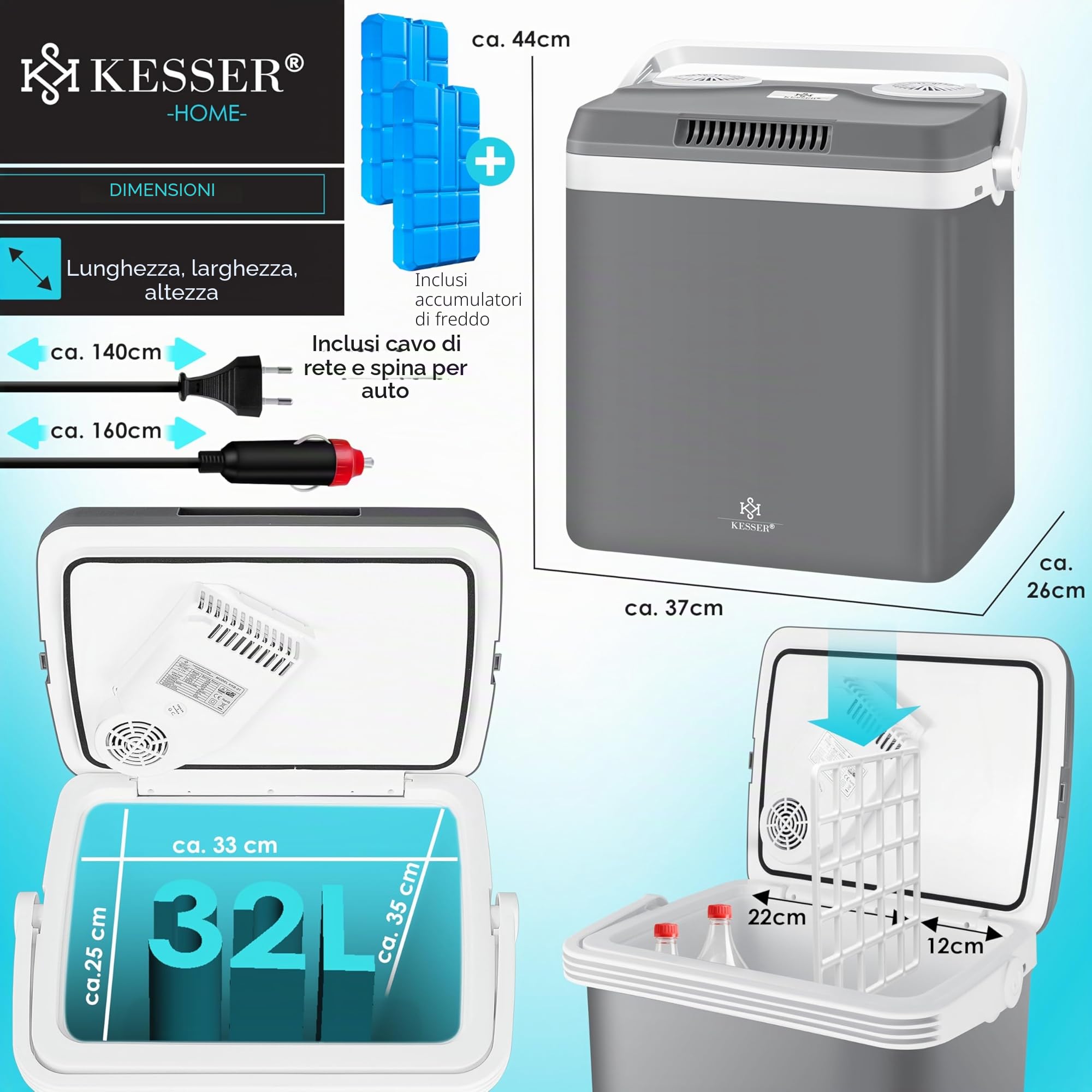 KESSER® Frigorifero 32 Litri | Raffreddamento e Riscaldamento | Frigorifero termoelettrico 12 Volt e 230 Volt | Minifrigo | per Auto e Campeggio |incl. Pacchetti di raffreddamento | EEK A++