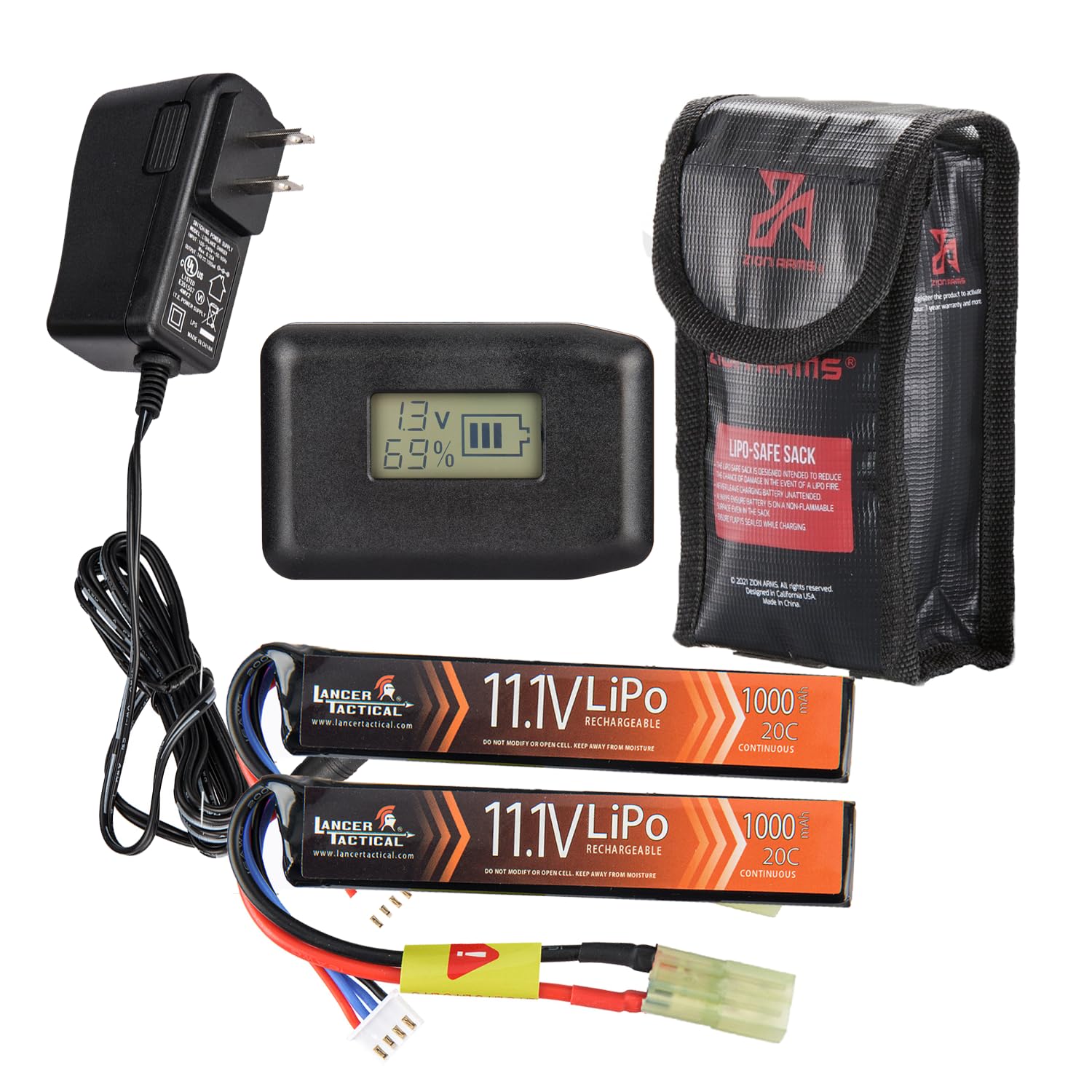 Lancer Tactical Airsoft LiPo Battery High-Performance Combo 11.1V 1000mAh 20C Stick Tamiya & LCD Screen Balance Charger (Includes Safety Charging Bag)