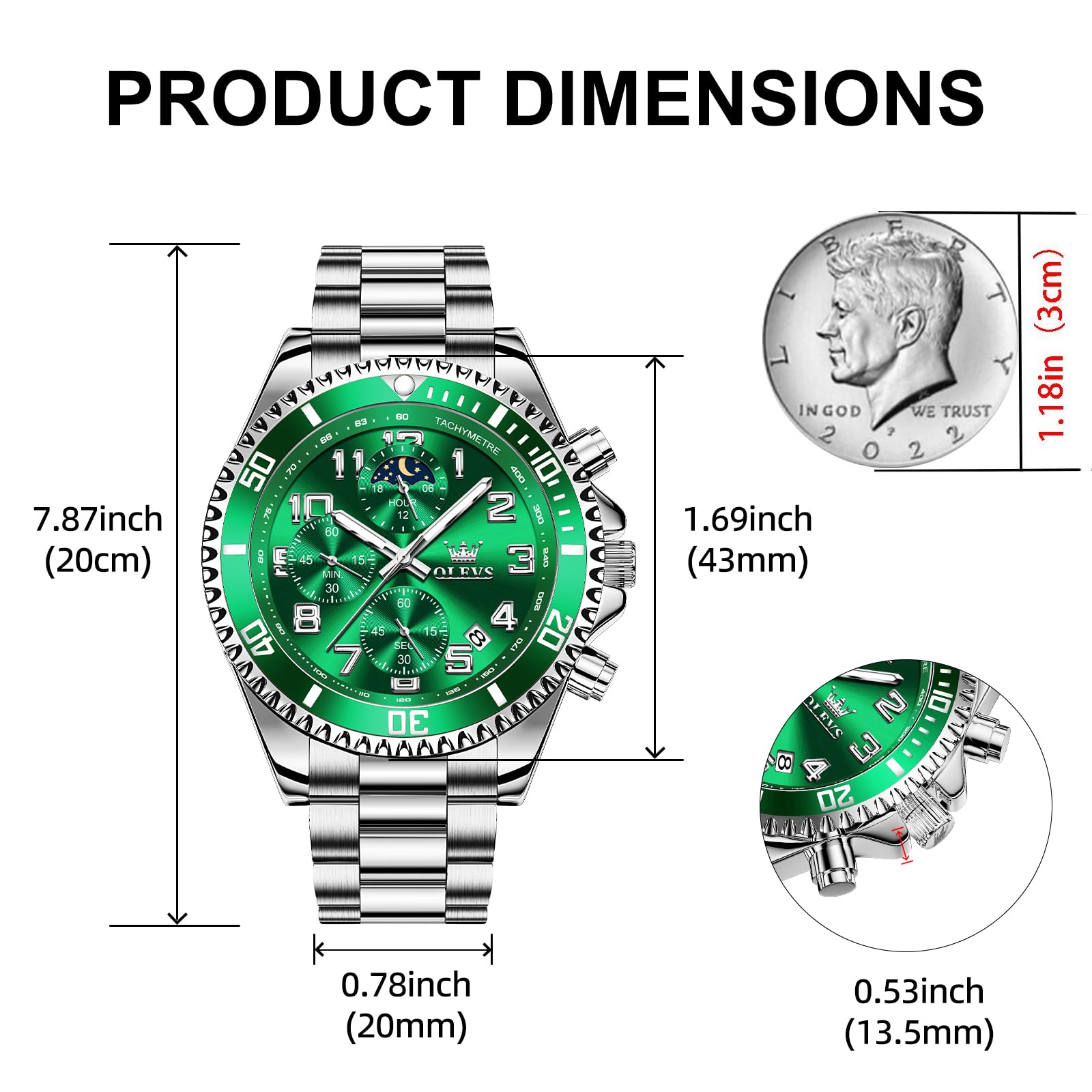 Relojes OLEVS para hombre, cronógrafo, lujosos, de acero inoxidable, impermeables, para hombre, calendario de negocios luminoso con fase lunar, calendario empresarial, azul, negro, verde, dorado y esfera
