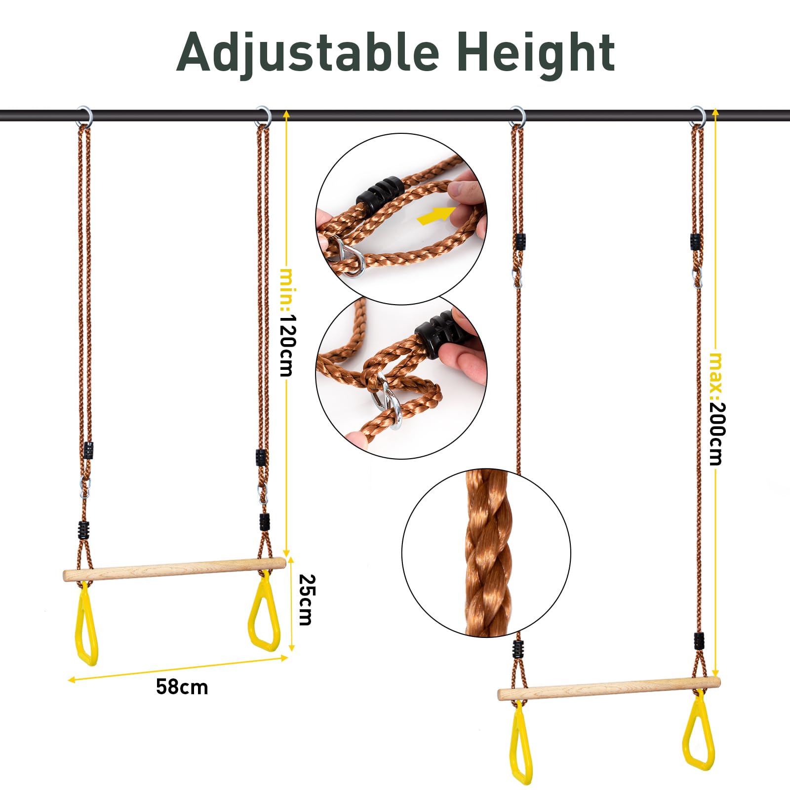Leogreen Trapèze Balançoire en Bois avec Anneaux de Gymnastique, Jaune | 58*(120-200)cm, Charge maximale 150 kg, hauteur réglable, Barre de Traction de jardin extérieur pour Fitness
