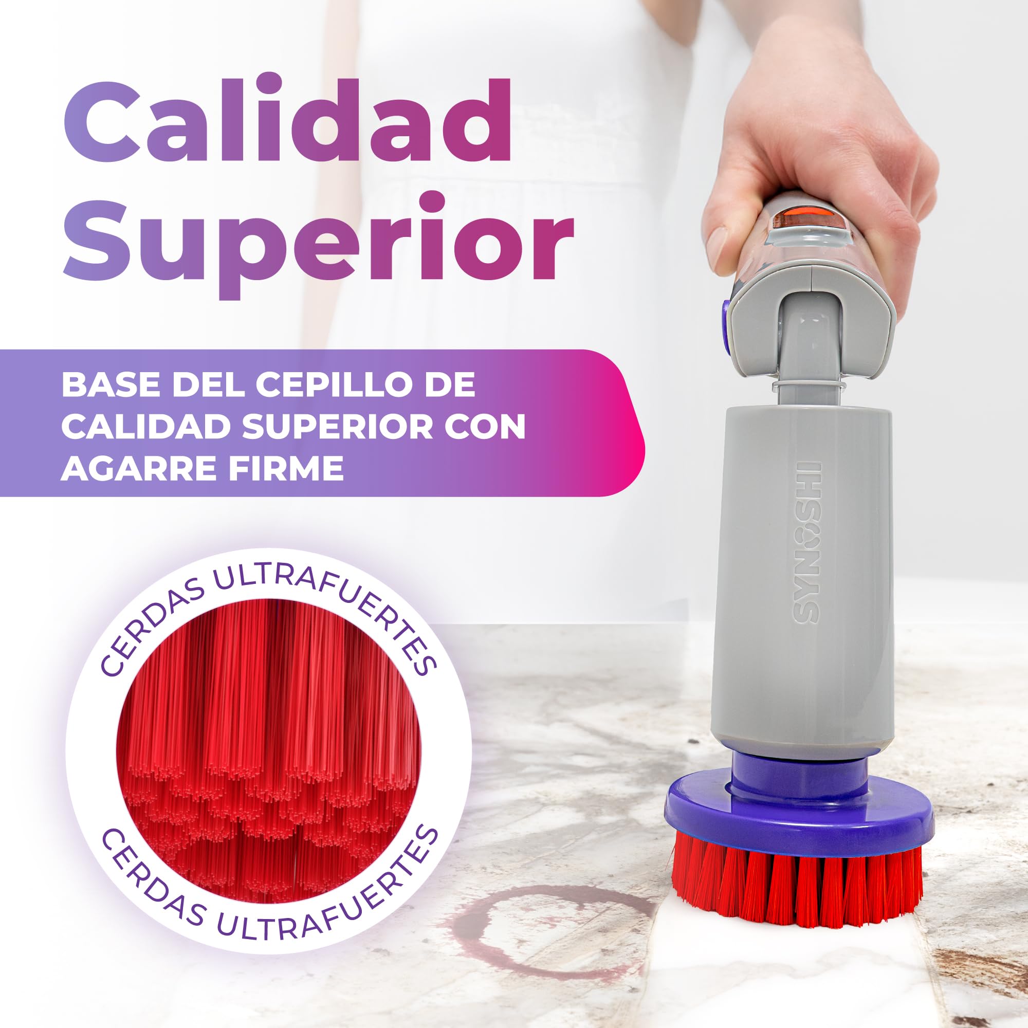Synoshi Pro Kit Cepillo Eléctrico Giratorio con Accesorios | Incluye cepillo redondo, 2 cepillos cónicos, esponja mágica y mango extensible. Recargable.