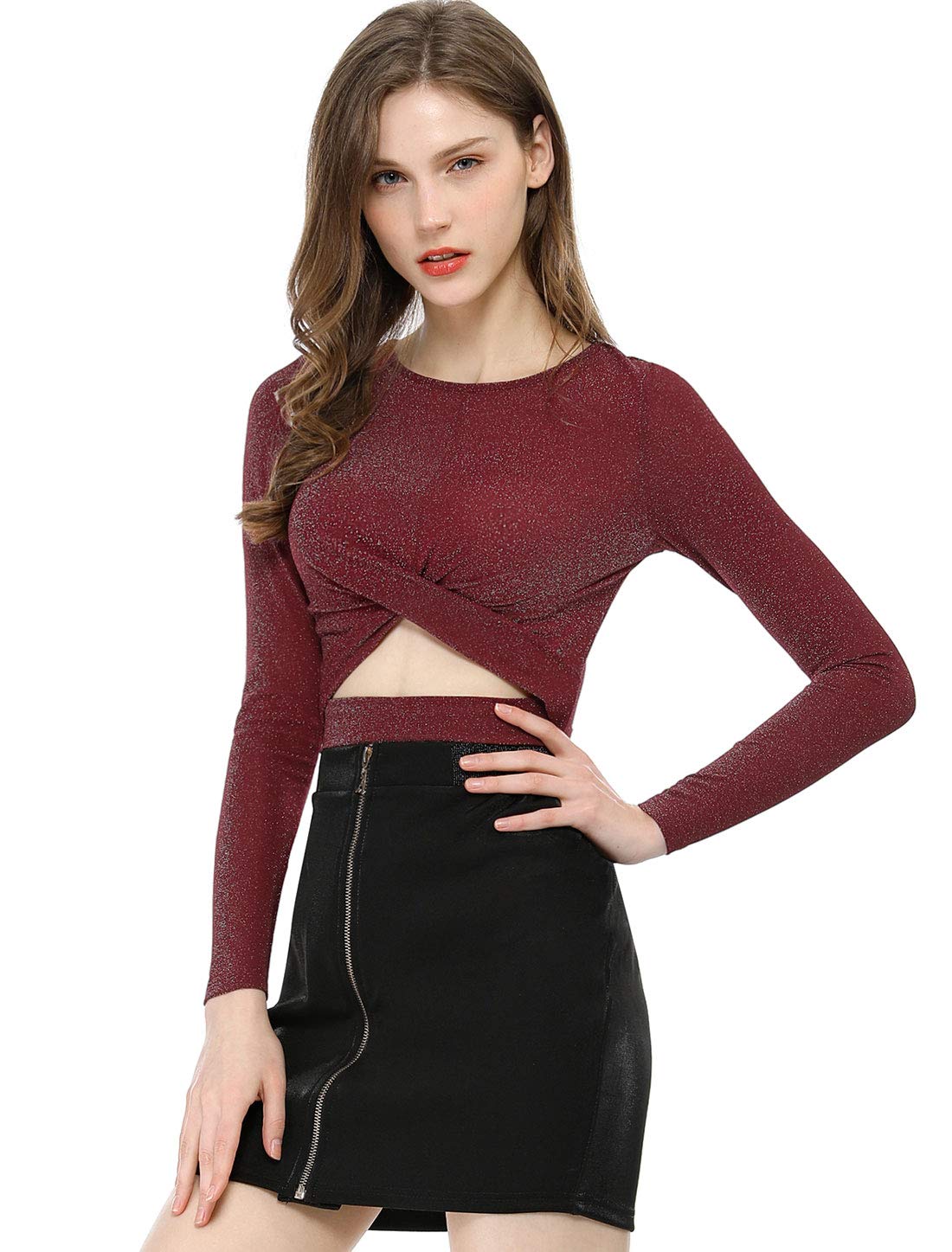 Allegra K Donna Top Festa Paillettes Twist Maniche Lunghe Taglio Cropped | Camicia Lucida con Design Frontale Completo Leggermente Elasticizzata Ottima per Club Concerto Cosplay