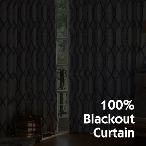 Miniatura 9 de Cortinas 100% opacas de 96 pulgadas de largo para dormitorio, cortina de ventana con patrón geométrico marroquí azul gris sobre blanco para sala de