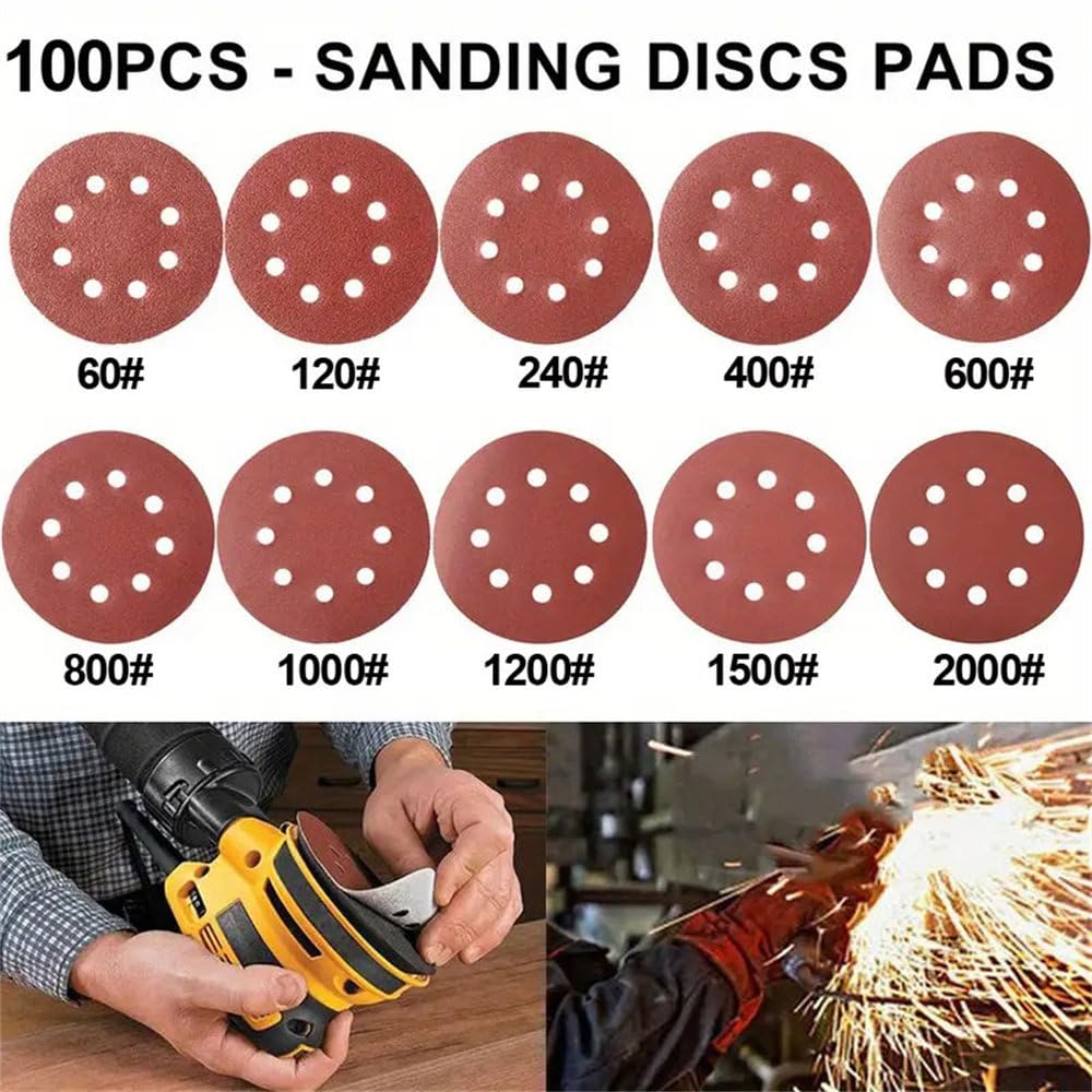 Juego de 100 Discos de Lija de 125 mm y 5 Pulgadas, con 8 Agujeros y Almohadillas de Lija con Velcro para Herramientas de Pulido, 125 mm